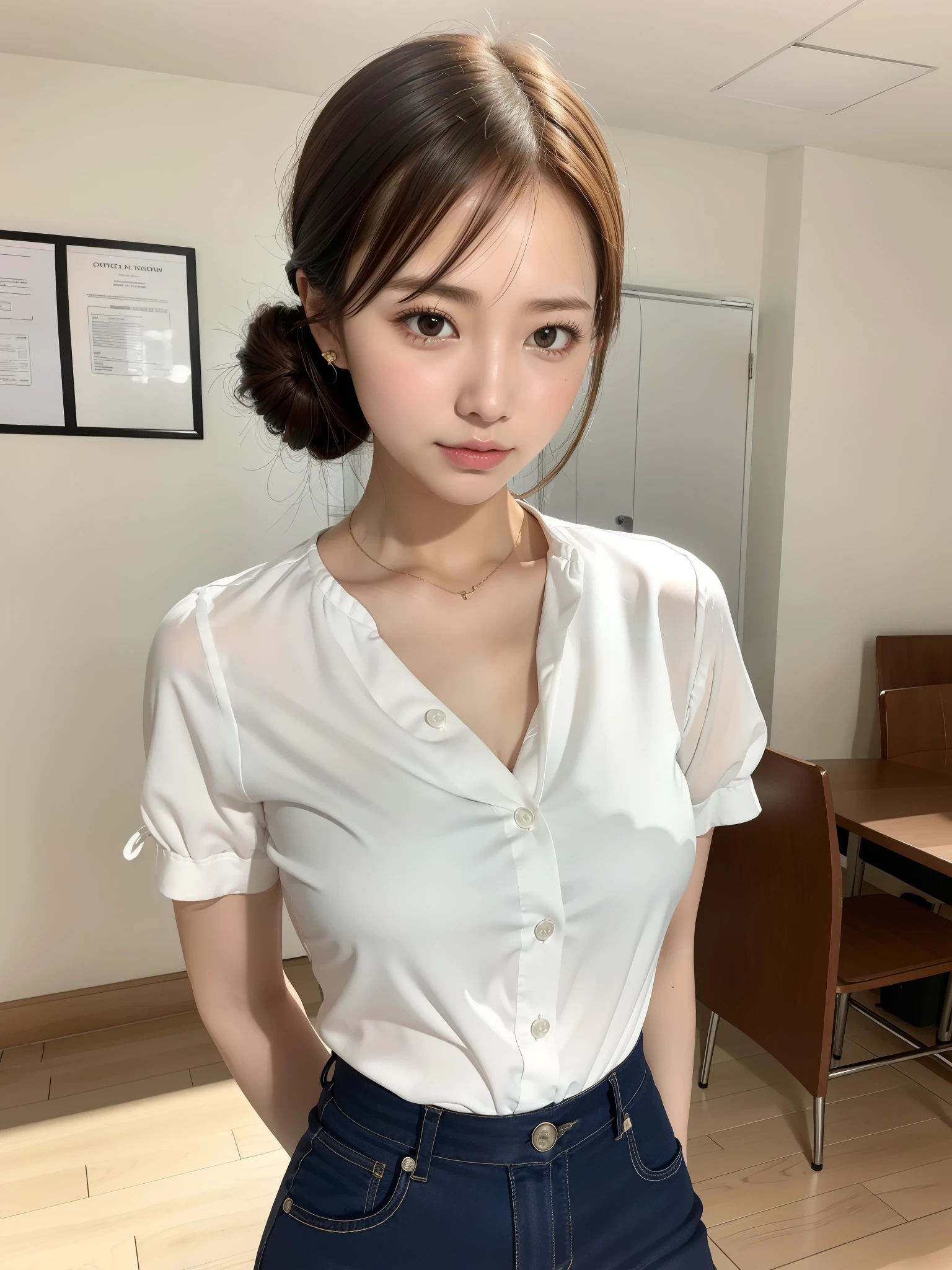 office blouse, panties, ((of the highest quality, 8K, masutepiece: 1.3, Raw photo)), Sharp Focus: 1.2, (1 AESPA Girl :1.1), (Solo: 1.12), (Realistic, Photorealistic: 1.37), (Face Focus: 1.1), Cute face, hyperdetailed face, (Short messy hair, updo :1.1), Small breasts, flat chest, standing, classroom, flower, plum blossoms