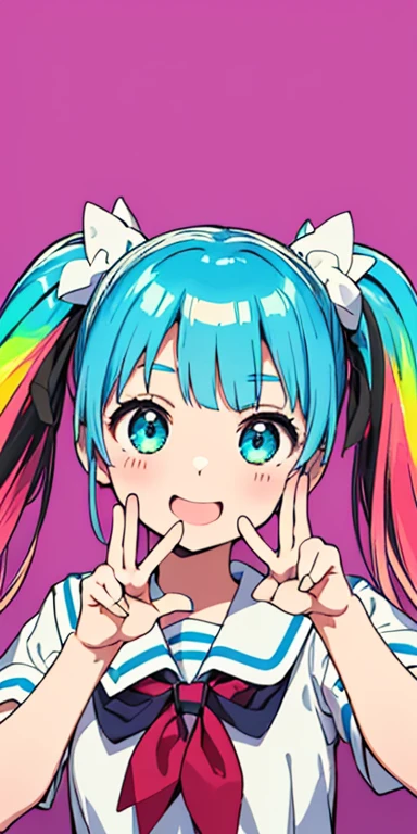 baby face, (colorful fluorescence multicolored  hair:1.5,short twintails:1.5), (masterpiece, sidelights, exquisite beautiful eyes: 1.5), masterpiece*portrait, realistic, ((Colorful background of different colors:1.5)),colorful,3D face,(cute face),front view: 1.6、 (glowing blue eyes),plump face:1.5,(tareme:1.5)、(laugh with your mouth wide open:1.2),()、Rosy Mouth,Slim Body, shiny hair, shiny skin: 1.5、medium breasts,、solo,(stand)、(high school girl,school uniform)、(charactor focus:1.5、portlate:1.5、eye focus:1.5,upper body),(cute pose:1.5)