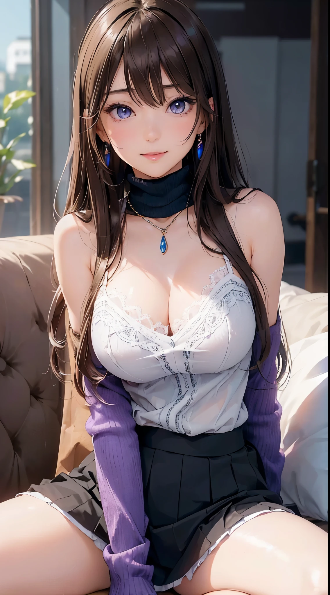 (masutepiece: 1.3), (max resolution: 1.2), (Ultra HDTV: 1.2), cinematric light, Ultra HDTV, (Detailed eyes and skin), (detailed facial features), nffsw, 8K resolution, Sharp Focus: 1.2, Perfect Style, Beautiful face, Perfect body, 准确, Anatomically correct, Highly detailed face and skin texture, Detailed eyes, Dark-blue eyes, Double eyelids, Thin eyebrows, Glitter Eyeliner: 1.2, Natural cheeks, Glossy skin, Fair skin: 1.2, shiny little necklace and earrings, (Glossy lips: 1.4), BREAK, One-person viewpoint, (She a very cute female teacher), (Lilac lace panties、Stockings), (Seductive smile: 1.2), ((a Innocent and cute girl:1.3)), (Long Wave Hair), (ligh brown hair:1.2), (Cowboy Shot: 1.2), BREAK, ((Very intimate relationships: 1.2)), medium large breasts, ((Looking at Viewer:1.2)), ((On the sofa in the women's room:1.2)), ((Bend your knees and open your legs wide:1.2)), (From Side:1.2),low angle shot Sleeveless turtleneck sweater Tight Mini Jeans Skirt Embarrassed look