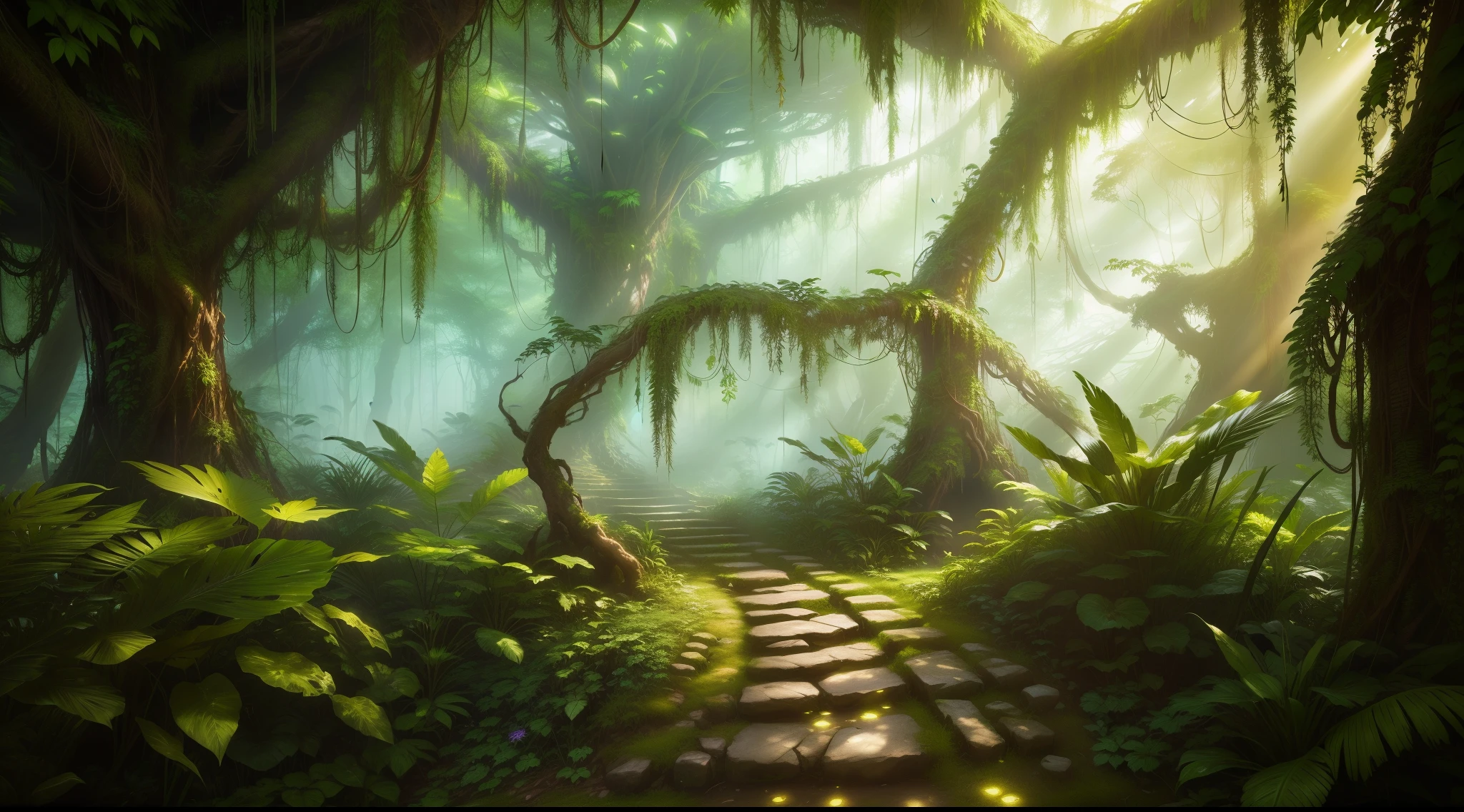 There  a path in the jungle，there are many plants，杂草丛生的jungle environment，fantasy forest environment，Unreal Engine 5 Digital Art，8k high detail concept art，在一个alien jungle，jungle environment，alien jungle森林，古老的alien jungle，alien jungle，overgrown jungle，fantasy jungle，environment artist，Fantasy forest landscape during daytime，8k HD concept art，4k，8k，Ultra HD Wallpaper