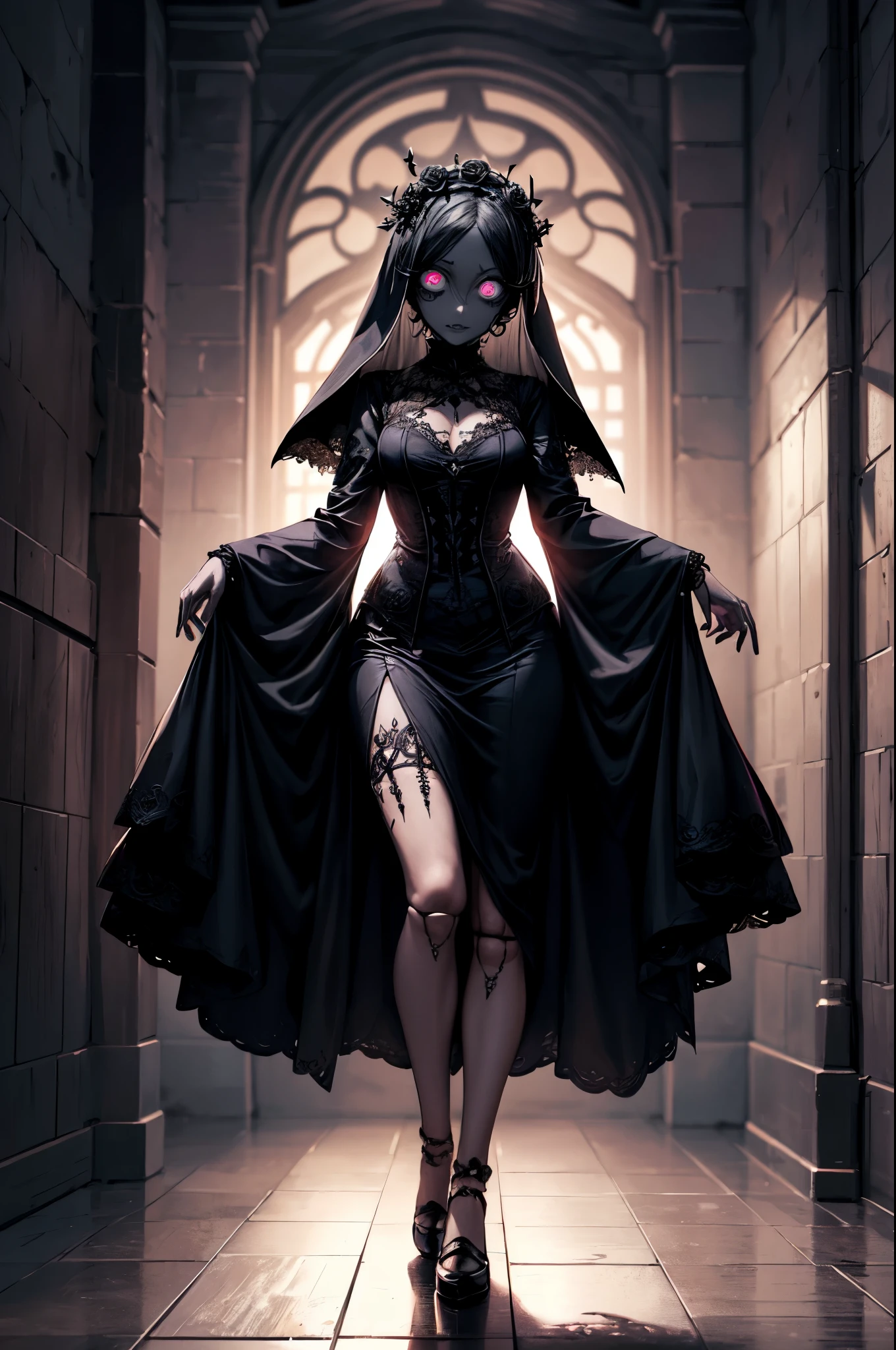 ((ultra-detailed)), ((illustration)), (beautiful detailed eyes), beautiful, amazing, detailed eyes, (((masterpiece))), (realistic:0.5), best quality, female, solo_focus, ,insanevoid, glowing eyes, extra eyes, horror \(theme\),doll joints, ((lifeless eyes)), ((goth nun)), ((gothic, emo)), ((crazy eyes:1.5)), (insane:1.3), ((ball jointed doll)), ((pale white skin)), ((goth makeup)), ((straight posture)), ((goth flower crown)), (spikes), (rosaria from genshin impact), ((straight black hair)), ((black veil)), ((doll eyes)), (full body), (standing:1.2)