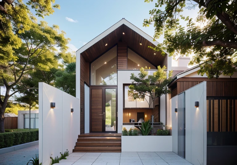 Hyper realistic eye level exterior photo of a mid century modemn
style house overlooking the valley. daylight, indirect lighting
House, wood, Chile, Sunset