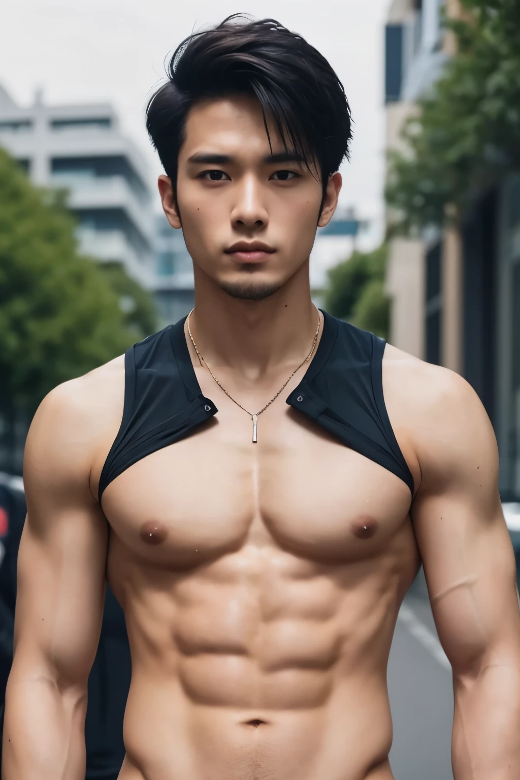 Handsome indonesian guy, shirtless, black hair with hair style is comma hair cut, hot body, cute guy, sweat guy, athletic body, sixpack, black shirt, street, ultra realistic, best quality.