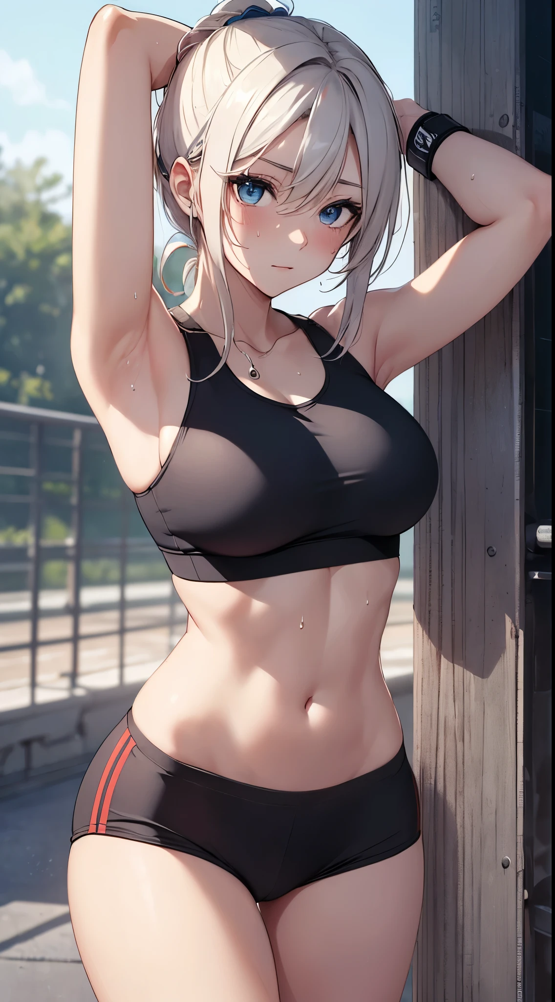 (Sweat, White skin:1.5、Light gray sports bra, Wet clothing), cameltoe, Brand logo on the bra, Fitness, Bodybuilding Poses, ((ブラにSweat染み:1.5, Sweatで濡れている, Sweat染み, Grey sports bra with black paint:1.5))