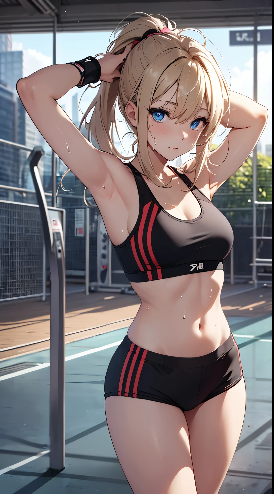 top-quality、Top image quality、masterpiece、girl with((18year old、Sportswear、Black Sports Bra、blue short pan Bust、Bust 85、a blond、Longhaire、Blue eyes、open chest wide、valley、Happineslack wristband on wrist、A slender、Shy face、耳环、running、The wind blows、Sweating))hiquality、visualart、Background with((Gymnasium))、masutepiece、