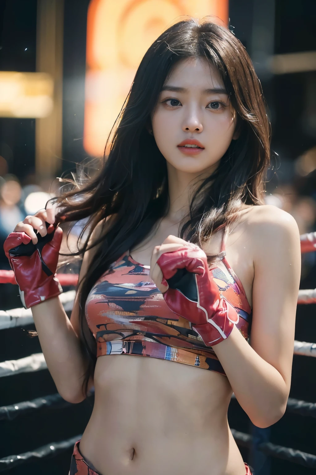 ((8k, RAW photo, highest qualityの, masterpiece), High definition RAW color photography professional close-up photography, (realistic, photorealism: 1.37), (highest quality), ((Super high resolution, High Definition CG Unified 8k Denden Wallpaper, Physically based rendering, movie lighting)、(Idol),(One beautiful 18 year old Japanese girl), ((semi-long、swaying hair))、Boxing Wear:1.1、boxing gloves、mouth wide open:1.2、Wiry Body:1.3、mega chest:1.2、belly button:1.1