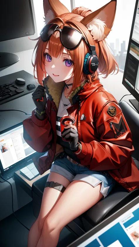 a q-version of a cute red fox wearing headphones and sitting in front of the computer in the office. high-definition image of cu...