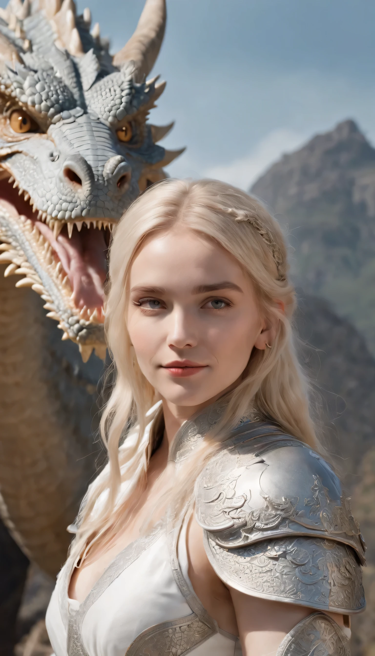 blonde hair girl,white robe,silver armor,Behind him the head of a giant dragon,The girl looks up into the distance,Smile,golden pupils