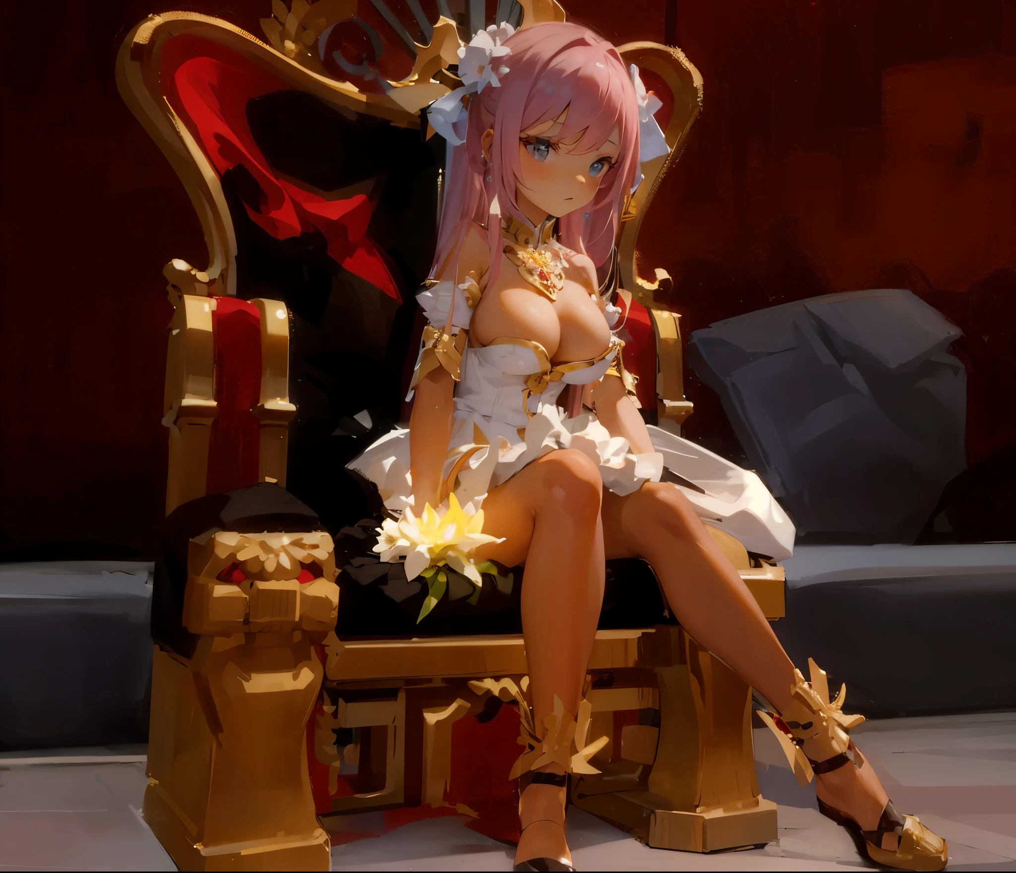 detailed long hair, hime cut, ?????????????, wedding bouquet, pink hair, masterpiece:1.2, best quality, detailed and beautiful, a close up of a person sitting on a chair with a sword, sitting in a gilded throne, sitting on golden throne, sitting on obsidian throne, sitting on intricate throne, sitting on throne, sitting on her throne, sit on throne, sitting on a throne, sitting on an ornate throne, sitting on a golden throne, appears as the fire goddess
