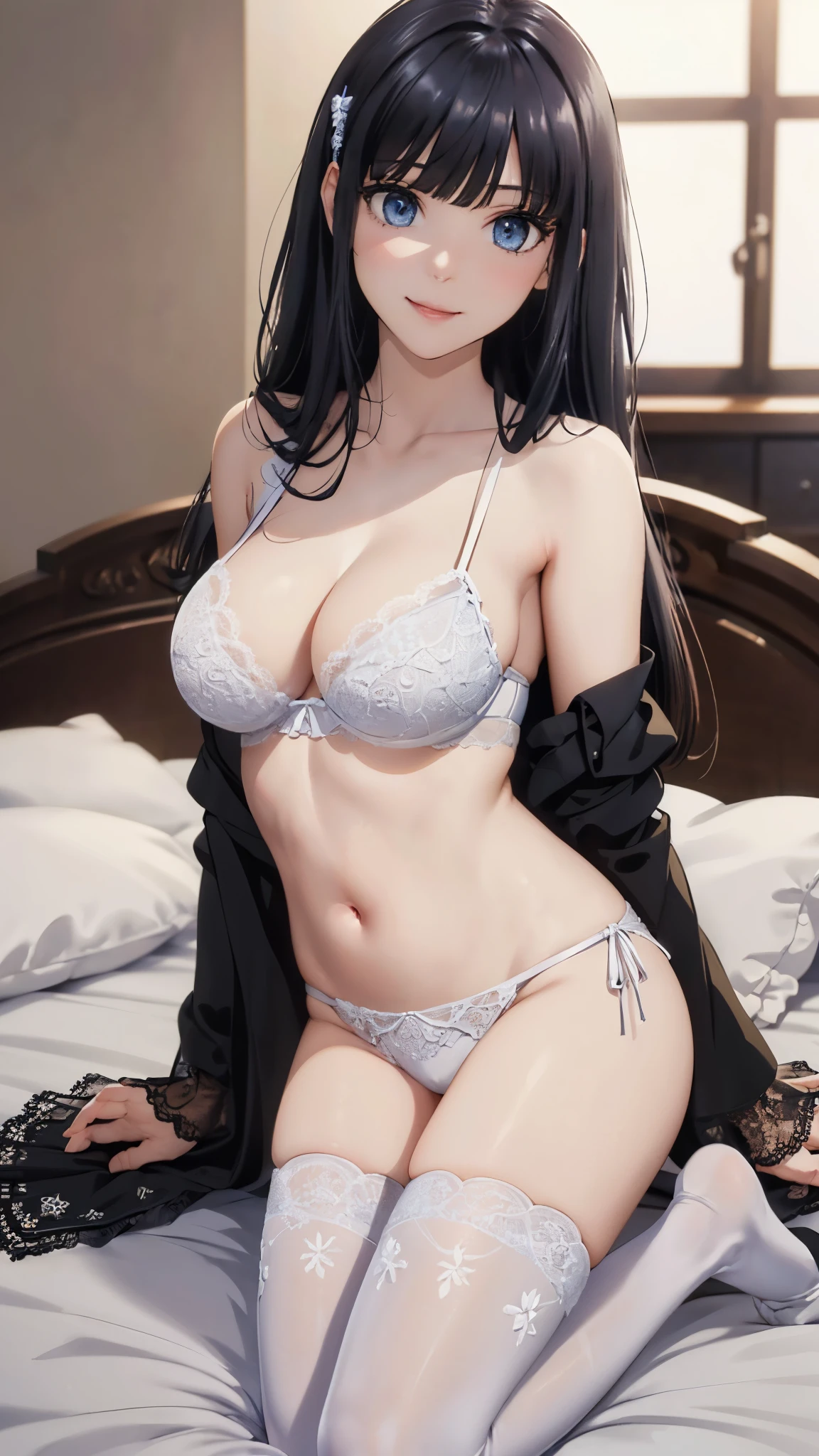 (​masterpiece:1.5), very precise detailed,ultra high resolution,(the Extremely Detailed CG Unity 8K Wallpapers:1.5),(Realistic,Photorealsitic,hyper realisitic:1.5),(Aesthetic Anime Eyes:1.4),(18year old:1.4),(View from below:1.5),(A slender:1.4),(large breasts:1.4),(Hands behind the head:1.4),(spread legs:1.2),
(Curve,Model,Farbe care:1.5),Beautiful breasts,Farbe_aberration,beautiful detailed shadow,Beautiful eyes,Beautiful body,Beautiful skin,beautifull hands,(cowboys_shot:1.4),(Seductive smile:1.4),(Kneeling on the bed:1.3),(black thighhighs:1.4),(white panties,lace-trim,an lingerie,lace trimmed legwear,white falbe lace:1.4),(Dark hair:1.4),(Slightly open mouth:1.0),
(Best Quality:1.5), High quality shadows, Beautiful detailed, Beautiful face, Detailed eyes, depth of fields, hight resolution, Best Shadow, Best Illumination, 1girll, view the viewer, black falbe hair, Blunt bangs, Long hair, (Deep blue Farbe eyes:1.3), Shy, (Large breasts:1.4), Miniskirt, Blouse, Blazer, pump,cleavage,Focus on the crotch,(white panties,lace-trim,an lingerie,lace trimmed legwear,white falbe lace:1.4)