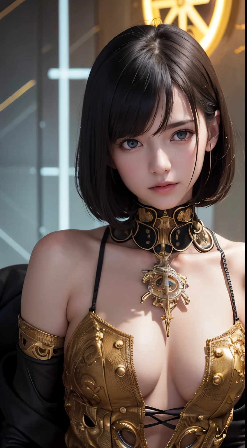 highest quality, masterpiece, ultra high resolution, (realistic: 1.4), RAW photo, 1 girl, black hair, Glossy skin, 1 Mechanical Girl, (Ultra realistic details)), portrait, global illumination, Shadow, octane rendering, 8K, super sharp, big, Cleavage exposed raw skin, Metal, Intricate ornament details, steampunk details, Matsumoto meter, meter, electron tube, nixie suga, oil pressure gauge, glass tube, analog meter, gear, golden hydraulic cylinder, very intricate details, realistic light, CG Society Trend, purple eyes, shining eyes, towards the camera, neon details, mechanical limbs, blood vessels connected to tubes, mechanical vertebrae attached to the back, Mechanical cervical spine attachment to the neck, sitting, Wires and cables connecting to the head, Evangelion, Small LED lamp group,