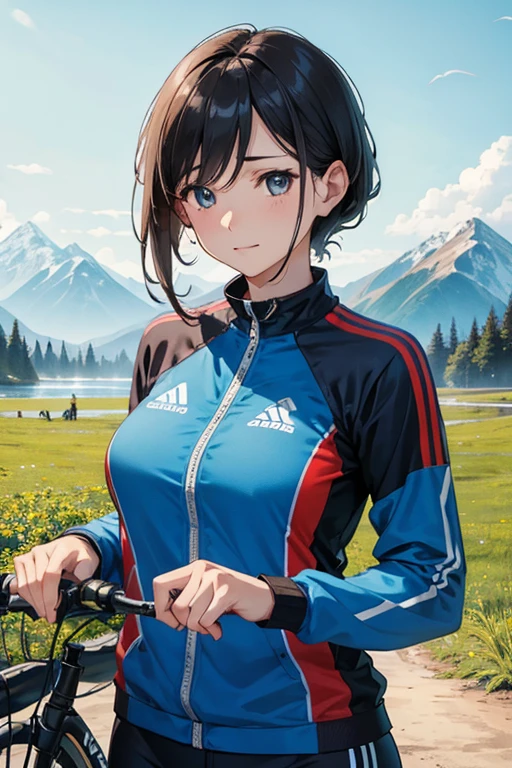 beautiful mature woman、bicycle、mountain bike、players、bicycle乗る、upper body、backwards