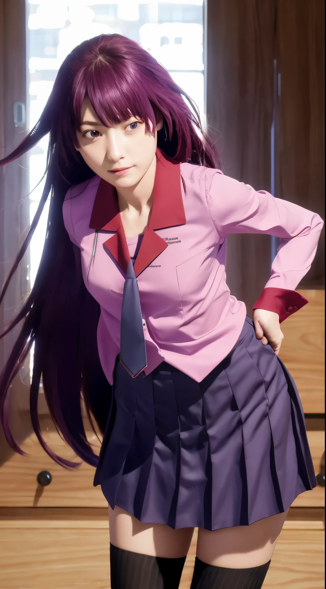 highest quality, 8K, Super detailed, photorealistic, masterpiece, highest quality, High resolution, SH1, Hitagi Senjogahara, long hair, long sleeve, tie, school uniform, pleated skirt, juliet sleeves, black stockings, pink shirt,  cowboy shot, indoors, (view viewer:1.3), (Fold your hands behind your back:1.3), (leaning forward:1.3), Japanese face, 16 years old