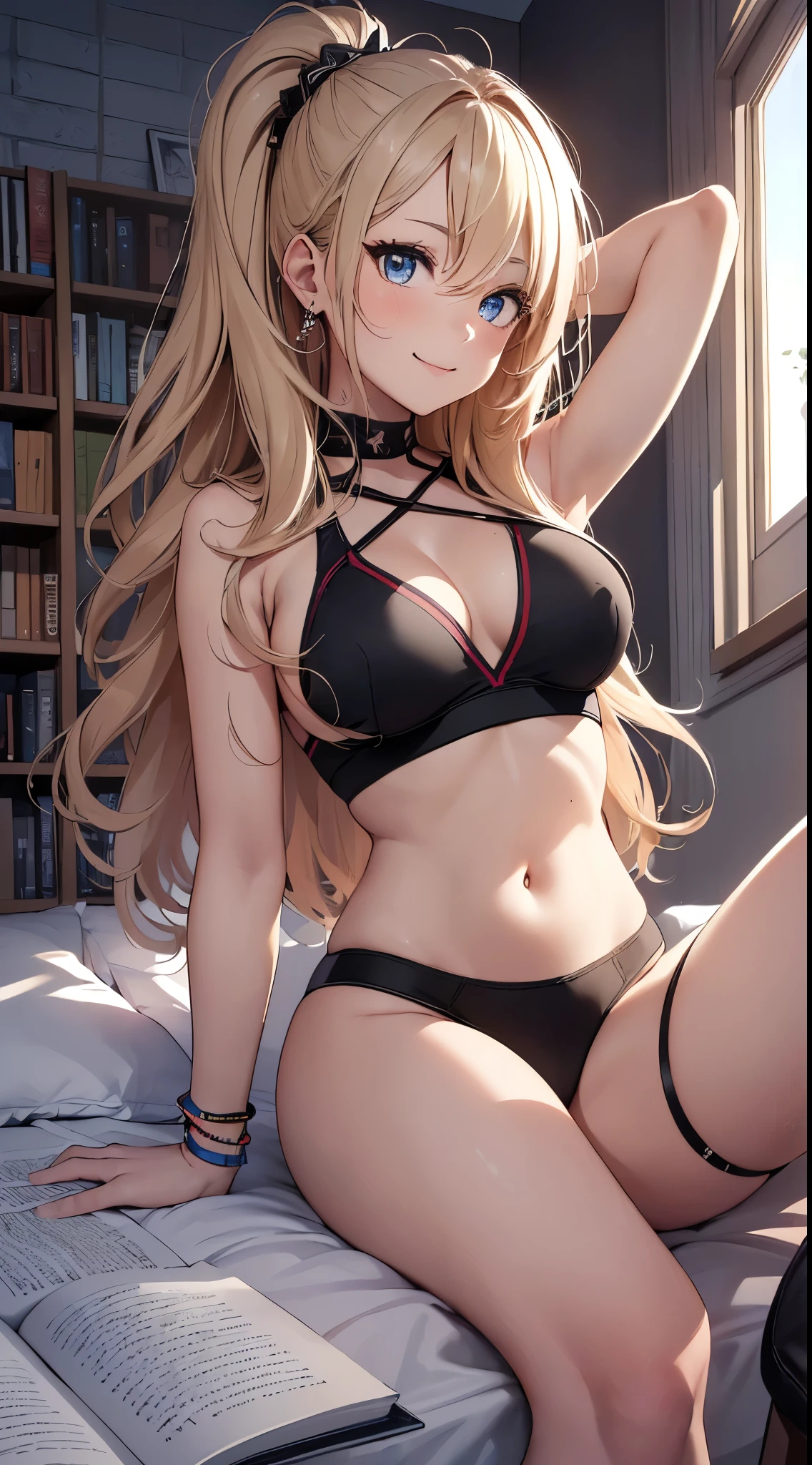 top-quality、Top image quality、masterpiece、girl with((18year old、Black Sports Bra、Black shor Bust、Bust 85、a blond、Semi-long、Blue eyes、open chest wide、Valley、Happineslack wristband on wrist、A slender、耳环、The wind blows,Smile、Lying on your back on the bed))hiquality、Camera Film Style、Background with((Nice and clean room.))、Depth(The table、DVR、bookcase)masutepiece、cool style、Elaborate design、visualart