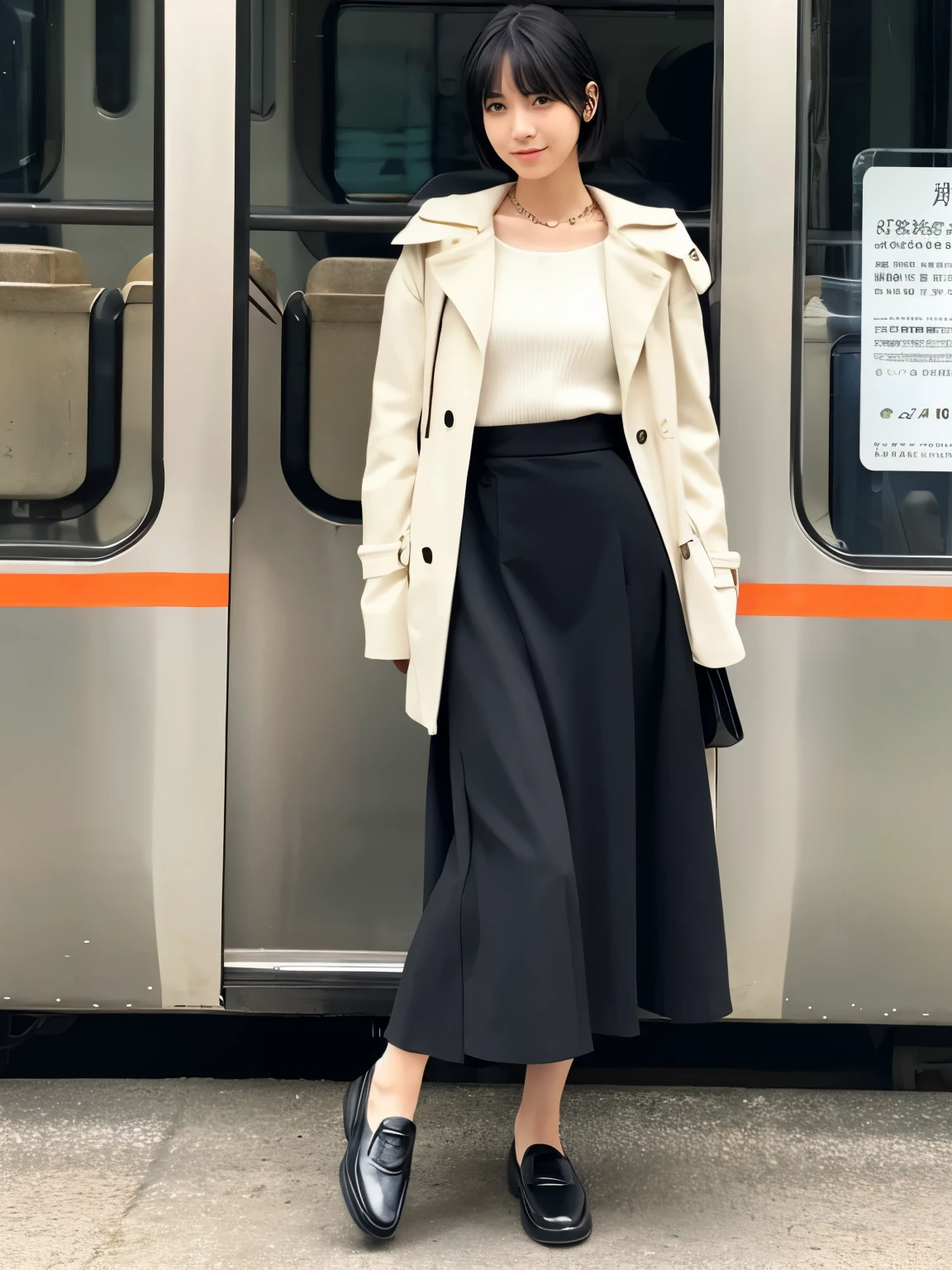 Similar to Minami Hamabe、Japanese beauty、28 years old、white high neck、black long skirt、black trench coat、medium hair、bit loafer、simple necklace、seems kind、train、sit with your toes together、Elegant