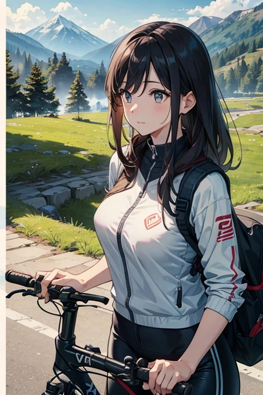 beautiful mature woman、rides a bike、mountain bike、players、upper body、Landscape