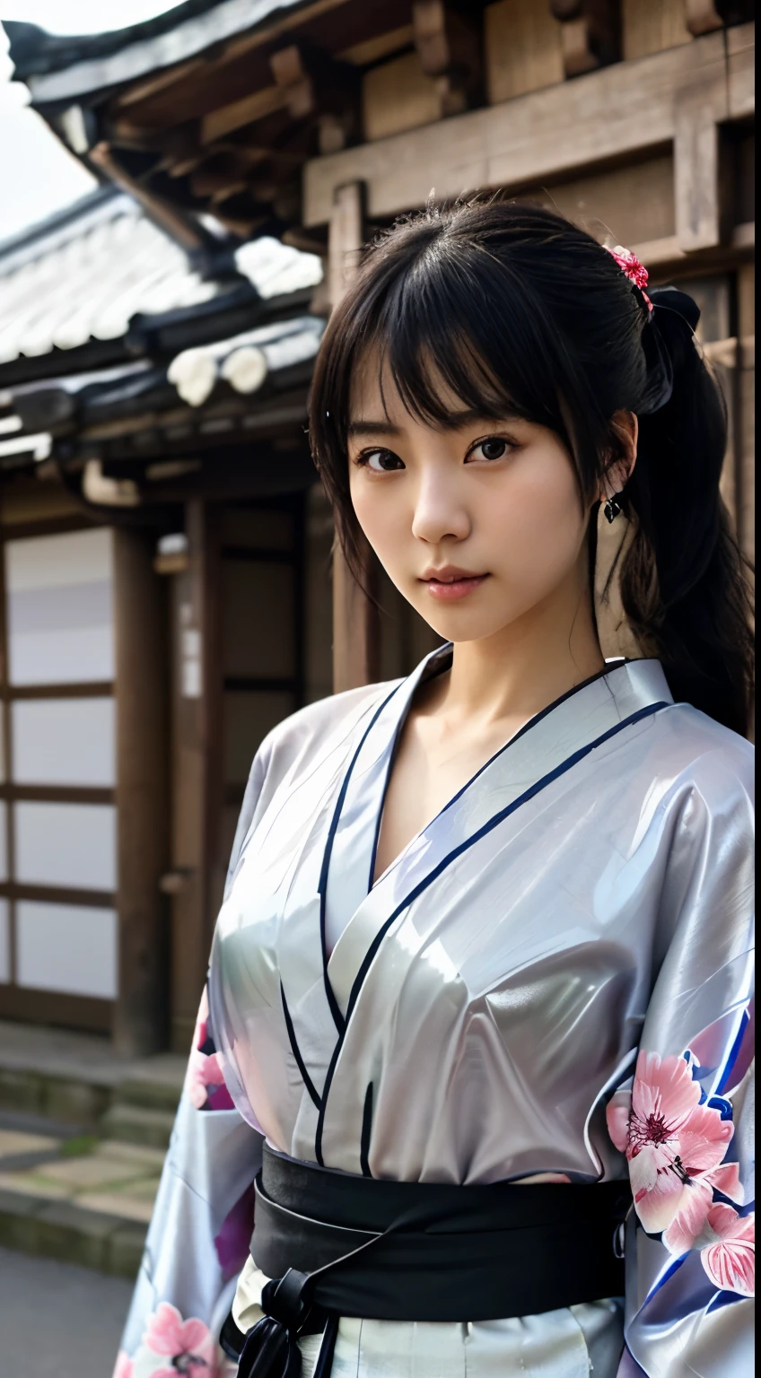 NSFW、最high quality、high quality、best image quality、8k、最High resolution、High resolution、最high quality、masterpiece、extreme close up portrait、RAW photo、realistic atmosphere、(detailed face)、(fine hands、thumb1reference4)、(beauty of japan )、very nice face、cute face、((beautiful japanese girl))、(japanese woman), ((18 year old beautiful girl))、(glossy black hair)、(straight long hair)、(ponytail)、whole body、slim style、(shiny skin)、(Fair skin, Glossy skin)、real human skin、realistic human body structure、perfect body, perfect face, perfect hands, perfect fingers, perfect lips, perfect eyes,perfect teeth、perfect background, perfect atmosphere, natural soft light、photon mapping、japanese samurai、japanese samurai、Japanese swordsman、((Japanese swordを手に持つ日本の女武士))、(girl wearing japanese samurai costume)、warrior girl、Japanese sword、japanese traditional、((Japanese sword(gently curved long sword))、(transparent kimono)、(metallic kimono)、(transparent kimono)、((鋭いJapanese swordを手に持つ女の子))、In front of a samurai residence in Japan、((Random color with floral pattern(samurai kimono、Hakama with slit))、A dynamic stance that reflects the swordsmanship cultivated as a samurai.、stance of unsheathing、Attitude without presence