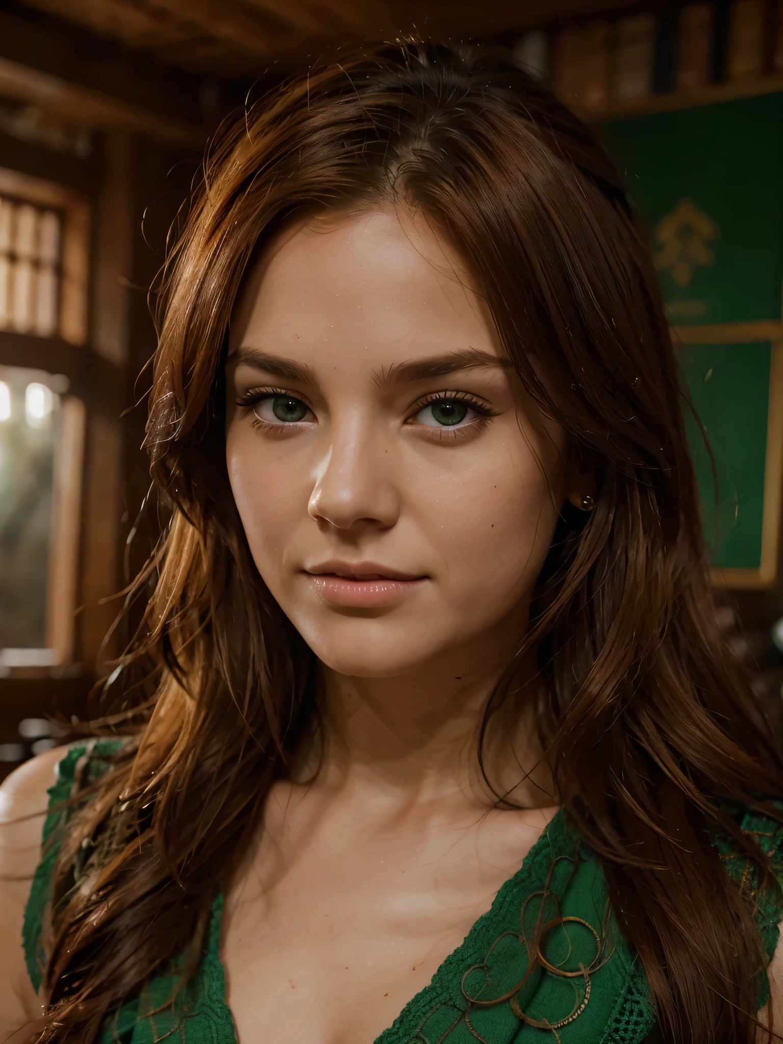 RAW uhd portrait of 24-year-old blonde close-up, Natural red hair, castles, Wavy, (brown-eyed woman) A jawdropping master bedroom inspired by the Slytherin common room for a Harry Potter AirBnB., Miki Asai Macro photography, close-up, hyper detailed, trending on artstation, sharp focus, studio photo, intricate details, highly detailed, by greg rutkowski.