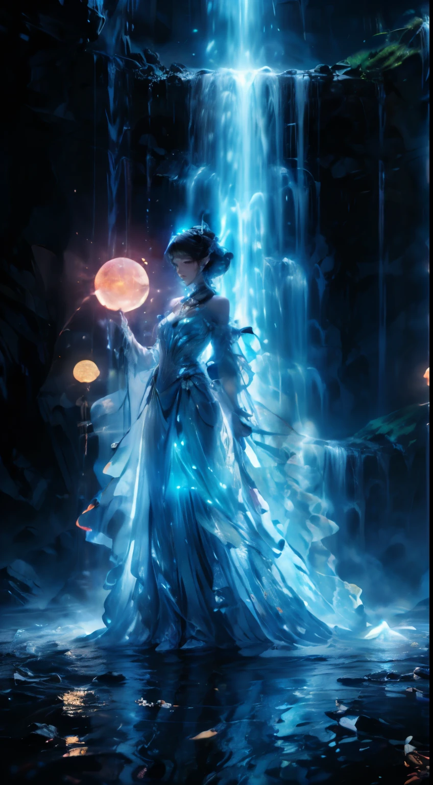 ((Bestquality)), ((A Masterpiece)), ((realisti)), portraits,1girle,full body portrait, celestial body, god,女god, light particles, halo, looking at the audience, Firm eyes are shoulders, thoracic duct parietal lobe, poker face,(bioluminescence:0.9 girls 5)ocean, bioluminescence, Full of energy, colorful,,,,, color, (bioluminescence, bioluminescence),(beautiful composition), movie light, wheel within wheel, (symmetry:0.5 girls), whimsical,
