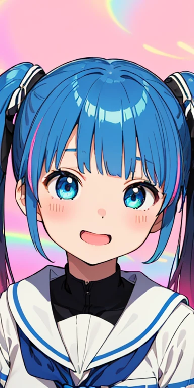 baby face, (colorful fluorescence multicolored  hair:1.5,short twintails:1.5), (masterpiece, sidelights, exquisite beautiful eyes: 1.5), masterpiece*portrait, realistic, ((Colorful background of different colors:1.5)),colorful,3D face,(cute face),front view: 1.6、 (glowing blue eyes),plump face:1.5,(tareme:1.5)、(laugh with your mouth wide open:1.2),()、Rosy Mouth,Slim Body, shiny hair, shiny skin: 1.5、medium breasts,、solo,(stand)、(high school girl,school uniform)、(charactor focus:1.5、portlate:1.5、eye focus:1.5,upper body),(attractive pose:1.5)