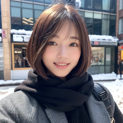 ((8k、RAW photo、highest quality、masterpiece:1.2))、(genuine、フォトgenuine:1.4)、japanese women、１people&#39;s women、Slender beauty、bob cut 、big breasts、Scarf、snow、City of night、super detailed face、super detailed eyes、double eyelid、smile、background blur