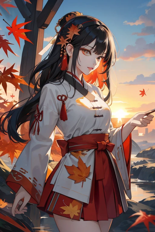 Chaos storm of complex liquid smoke in head,beautiful girl,stylized abstract photo,moist skin,maple leaf,美丽的maple leaf,飘落的maple leaf,beautiful sunset,Sunlight,beautiful girl,(maple leaf环绕的少女)high detail,Inspired by Cheng Yanjun,beautiful digital art,guviz style art,8Khigh detail的数字艺术,Beautiful digital illustration,Lovely detailed digital art,Amazing digital illustrationeautiful artistic illustration,Beautiful digital illustrations,Digital art with 8K detail, warm up,red skirt,antiquity长裙子,Ancient costume,Gorgeous hair accessories,tassel,gauze,breeze,antiquity