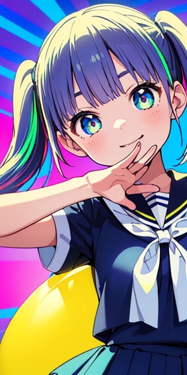 , (colorful fluorescence multicolored hair:1.5,short twintails:1.5), (masterpiece, sidelights, exquisite beautiful eyes: 1.5), masterpieceportrait, realistic, ((Colorful background of different colors:1.5)),colorful,3D face,(cute face),front view: 1.6、 (glowing blue eyes),plump face:1.5,(tareme:1.5)、(laugh with your mouth wide open:1.2),()、Rosy Mouth,Slim Body, shiny hair, shiny skin: 1.5、medium breasts,、solo,(stand)、(high school girl,school uniform)、(charactor focus:1.5、portlate:1.5、eye focus:1.5,upper body),(cool pose:1.5)