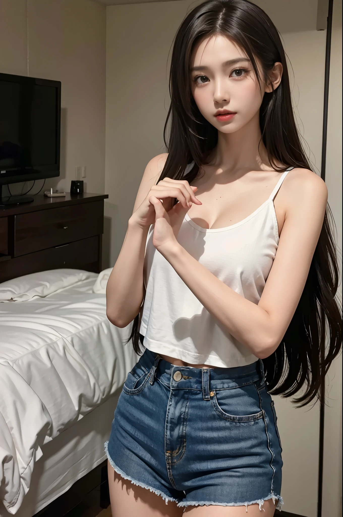 cute teenage girl, Height about 160cm, brown eyes,whiteＴshirt,wear black briefs、 long straight black hair, masterpiece, 最high quality, 超high quality, high quality, High resolution, ultla High resolution, disorganized, 4k, 8K, 16k, very detailed, Complex, great shading, high contrast, realistic, photo realistic, RAW photo, photo shoot, super detailed illustrations, shortening, perfect anatomy, correct anatomy, perfect proportions, perfect face, perfect hands, perfect legs, perfect fingers