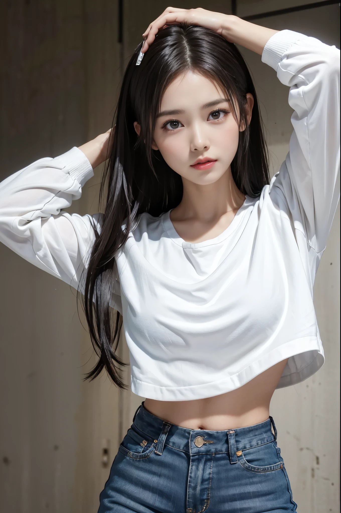 cute  girl, Height about 160cm, brown eyes,whiteＴshirt,wear black briefs、 long straight black hair, masterpiece, 最high quality, 超high quality, high quality, High resolution, ultla High resolution, disorganized, 4k, 8K, 16k, very detailed, Complex, great shading, high contrast, realistic, photo realistic, RAW photo, photo shoot, super detailed illustrations, shortening, perfect anatomy, correct anatomy, perfect proportions, perfect face, perfect hands, perfect legs, perfect fingers