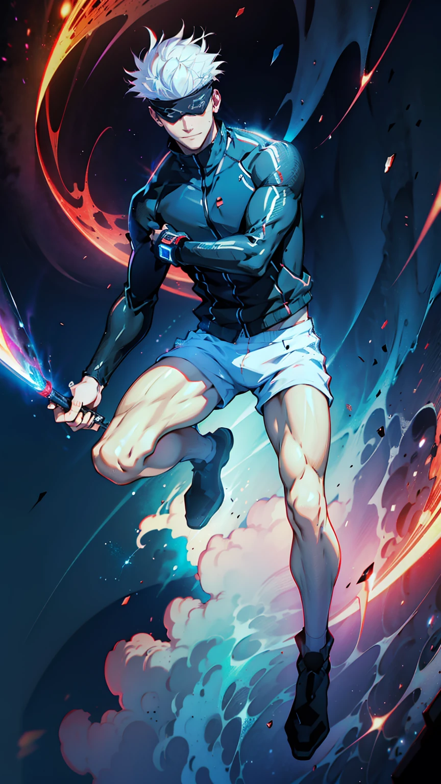 1boy, full body shot, perfect fingers, satoru gojo, blindfold, black outfit, white hair, battle pose, red energy void in right,blue energy void in left, smirk, red and blue moon background, wallpaper, cinematic,High resolution 8K, Bright light illumination, lens flare, sharpness, masterpiece, top-quality, The ultra -The high-definition, high resolution, extremely details CG, Anime style, Film Portrait Photography,