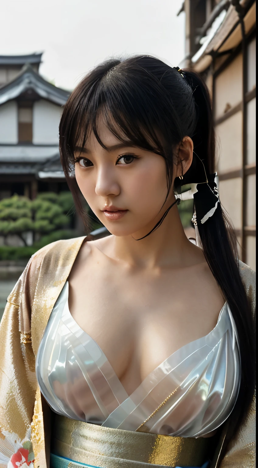 NSFW、最high quality、high quality、best image quality、8k、最High resolution、High resolution、最high quality、masterpiece、extreme close up portrait、RAW photo、realistic atmosphere、(detailed face)、(fine hands、thumb１reference４)、(beauty of japan )、very nice face、cute face、((beautiful japanese girl))、(japanese woman), ((18 year old beautiful girl))、(glossy black hair)、(straight long hair)、(ponytail)、whole body、slim style、(shiny skin)、(Fair skin, Glossy skin)、real human skin、realistic human body structure、perfect body， perfect face， perfect hands， perfect fingers， perfect lips， perfect eyes，perfect teeth、perfect background， perfect atmosphere， natural soft light、photon mapping、japanese samurai、japanese samurai、Japanese swordsman、((Japanese swordを手に持つ日本の女武士))、(girl wearing japanese samurai costume)、warrior girl、Japanese sword、japanese traditional、((Japanese sword(gently curved long sword))、((kimono(Sheer、Metallic、Transparent、Erotic、Sexy))、((鋭いJapanese swordを手に持つ女の子))、In front of a samurai residence in Japan、((Random color with floral pattern(samurai kimono、Hakama with slit))、A dynamic stance that reflects the swordsmanship cultivated as a samurai.、stance of unsheathing、Attitude without presence