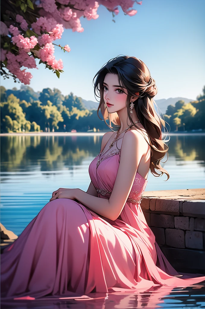 1mature girl, pink dress like a queen  ,  black hair ,blue eyes , on lake under a tree attractive, seductive,8k masterpeice
