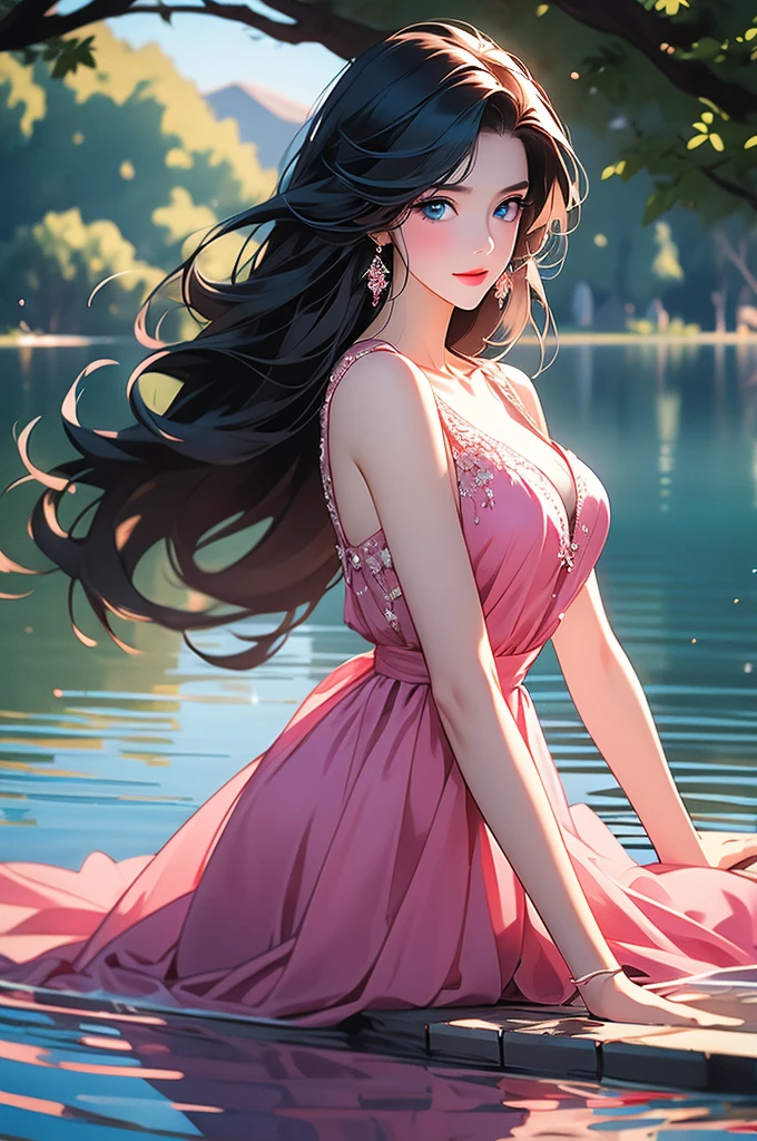 1mature girl, pink dress like a queen , black hair ,blue eyes , on lake under a tree attractive, seductive,8k masterpeice