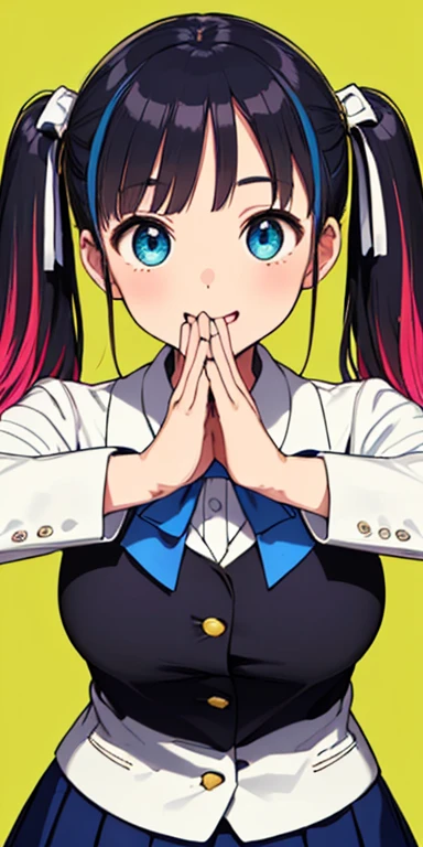 baby face, (colorful fluorescence multicolored  hair:1.5,short twintails:1.5), (masterpiece, sidelights, exquisite beautiful eyes: 1.5), masterpiece*portrait, realistic, ((Colorful background of different colors:1.5)),colorful,3D face,(cute face),front view: 1.6、 (glowing blue eyes),plump face:1.5,(tareme:1.5)、(laugh with your mouth wide open:1.2),()、Rosy Mouth,Slim Body, shiny hair, shiny skin: 1.5、medium breasts,、solo,(stand)、(high school girl,school uniform)、(charactor focus:1.5、portlate:1.5、eye focus:1.5,upper body),(vigour pose:1.5)
