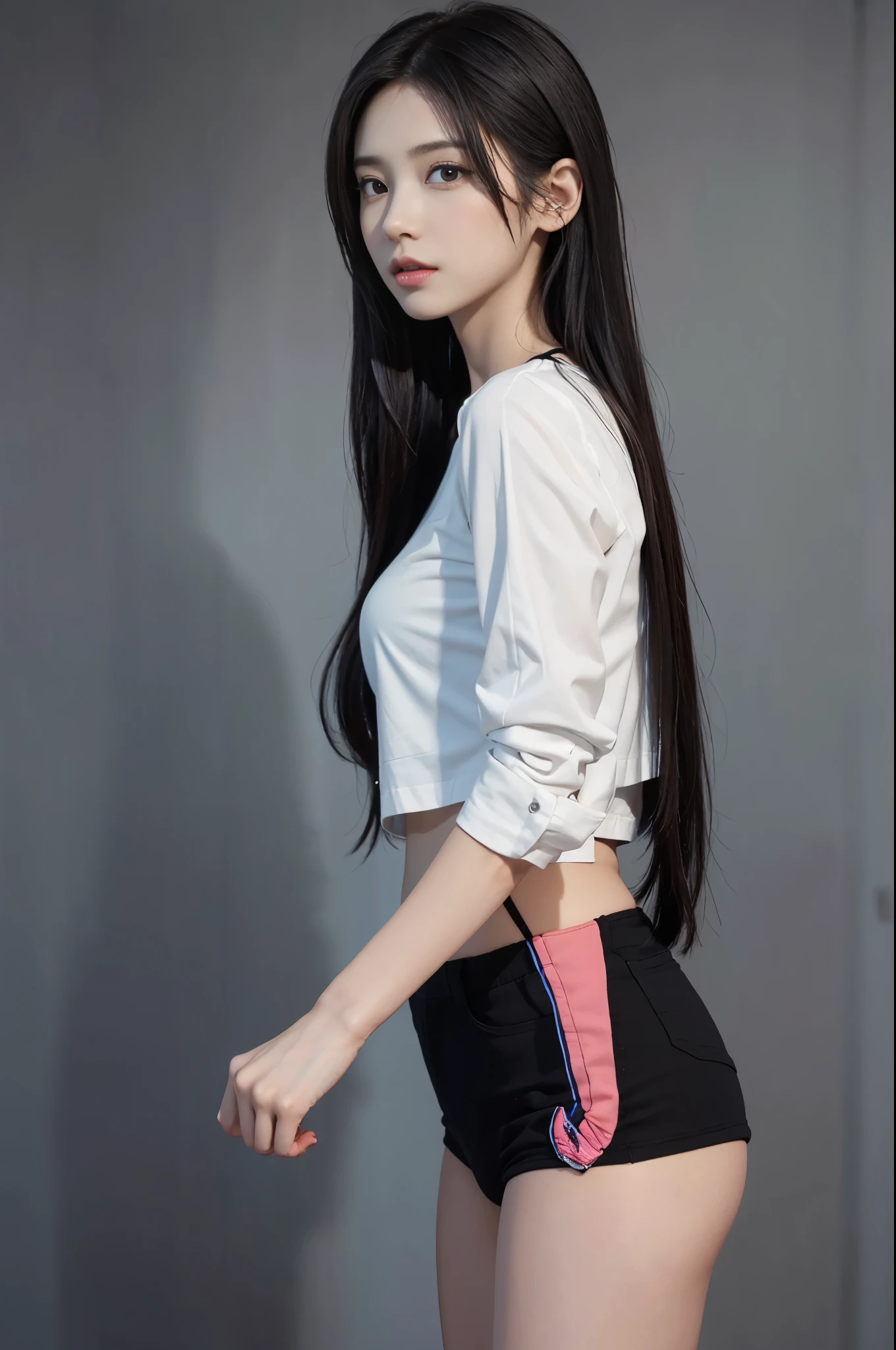 cute age girl, Height about 160cm, brown eyes,whiteTshirt,wear black briefs、 long straight black hair, masterpiece, 最high quality, 超high quality, high quality, High resolution, ultla High resolution, disorganized, 4k, 8K, 16k, very detailed, Complex, great shading, high contrast, realistic, photo realistic, RAW photo, photo shoot, super detailed illustrations, shortening, perfect anatomy, correct anatomy, perfect proportions, perfect face, perfect hands, perfect legs, perfect fingers