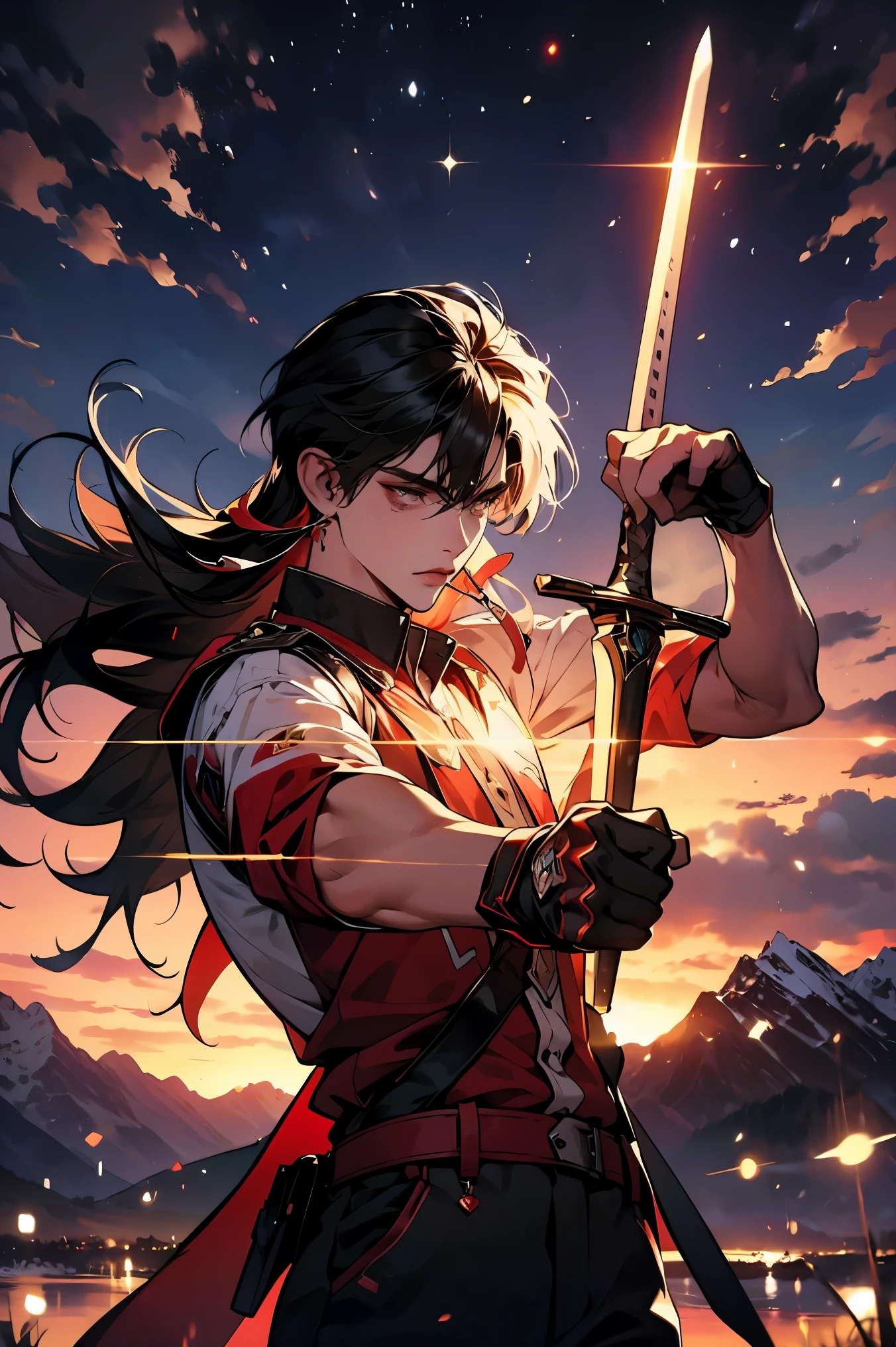 00398-3668547139-ffxxxgggxxxff, long hair, 1boy, male focus, solo, weapon, sword, mountain, holding, bangs, gloves, sky, holding weapon, night, j