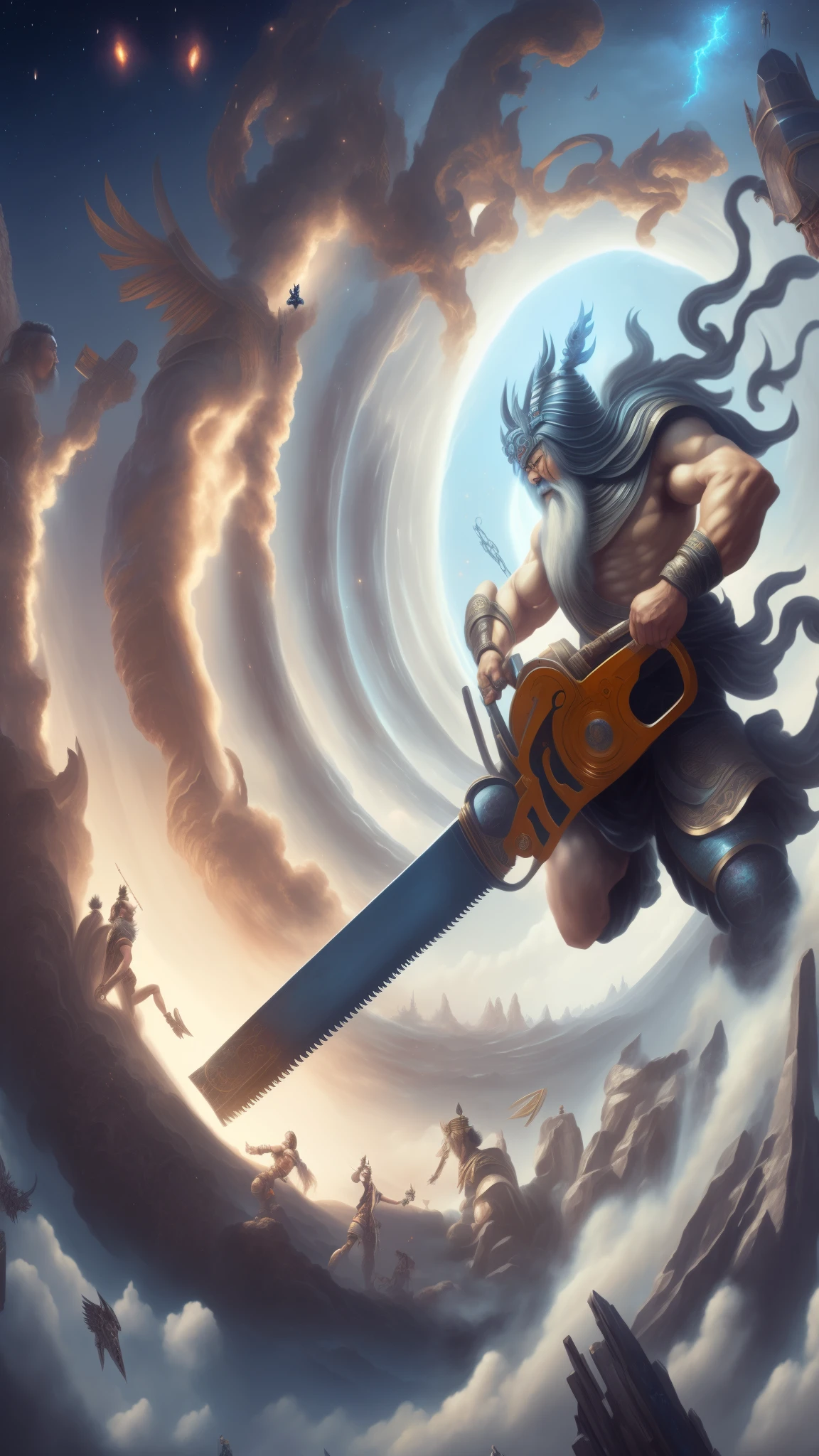 Painting of an ancient Chinese man holding a chainsaw in the sky, Epic fantasy science fiction illustration, a huge celestial titan,Symmetric epic fantasy art, fantasy art behavior, epic fantasy illustration, cutting air. pop surreal, wide angle fantasy art, epic science fiction fantasy art, Unreal Engine, anime epic artwork