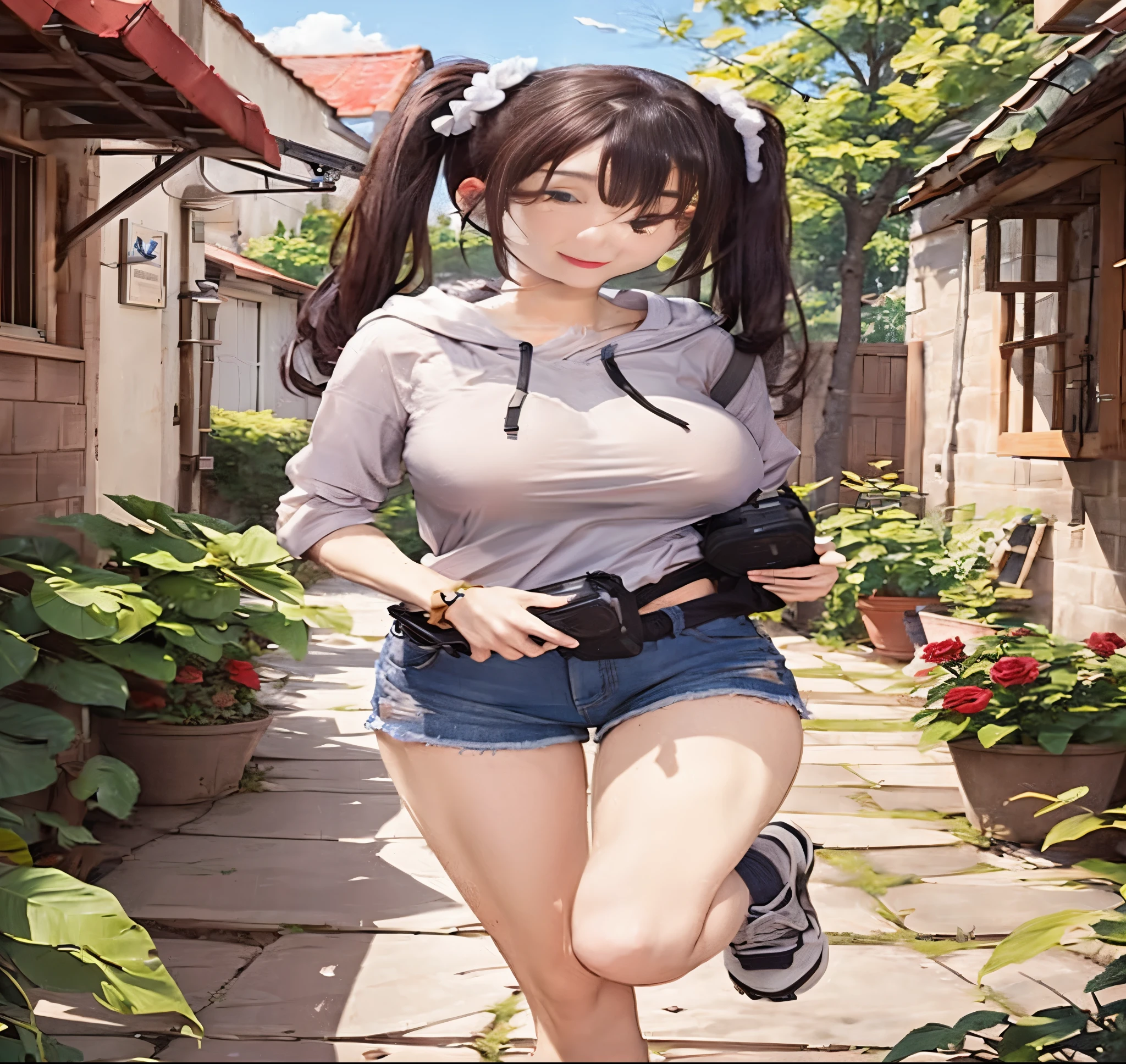 Cute girl running down a narrow alley with a camera, seductive cute girl, attractive girl, realistic