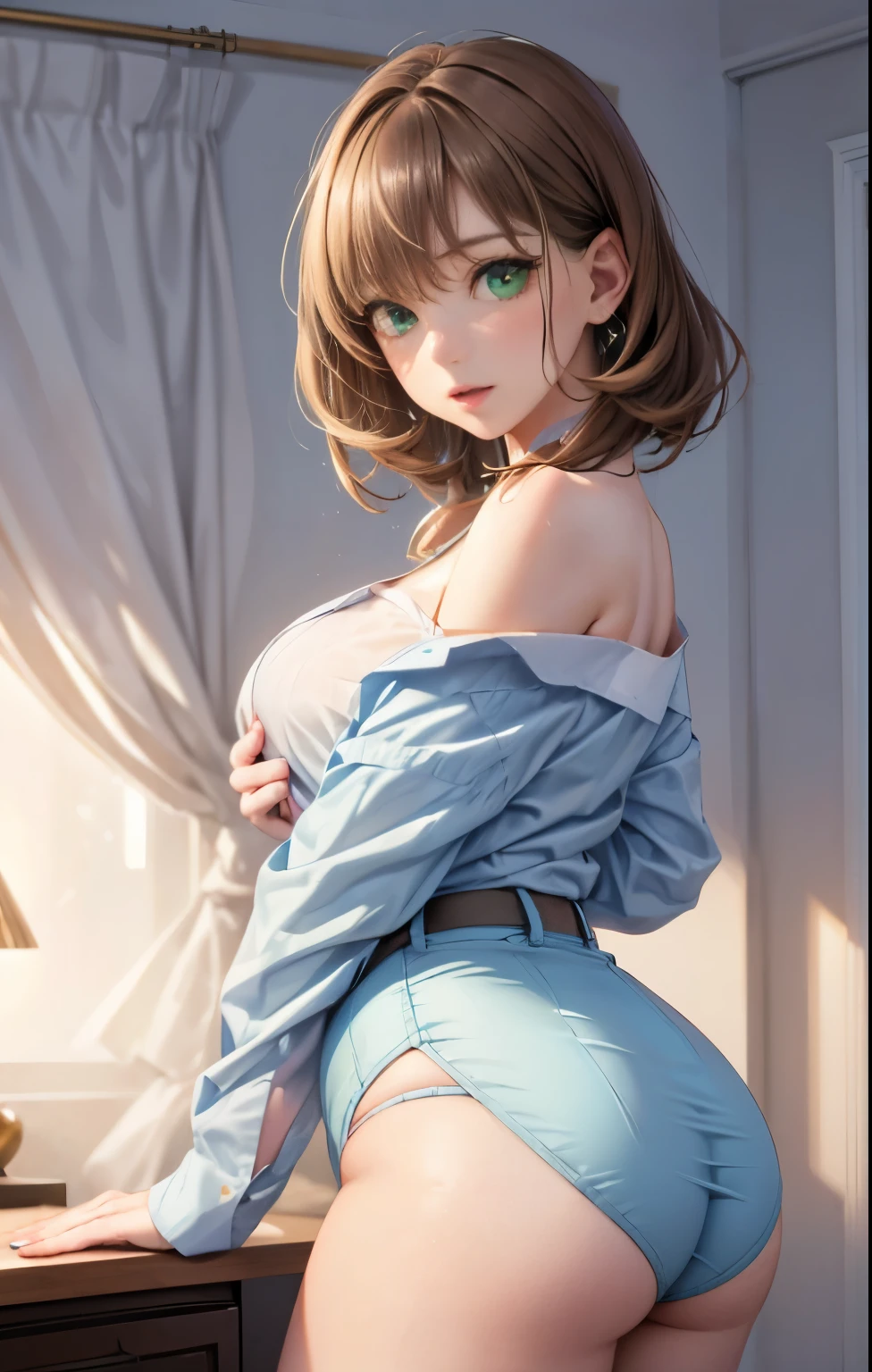 (masterpiece),(highest quality:1.2), (1 milf,38 years old:1.4), (Masseter muscle part:1.3),exquisite details, highest qualityの8K解像度, Super detailed, realistic, bright colors, soft tones, With warm and gentle lighting, (Shirt with wide open chest:1.5), (shoulder length brown hair:1.5), (light bangs:1.3), (shiny hair), (green eyes:1.3), curvaceous chest, thin waist, tight ass:1.3), Bedroom