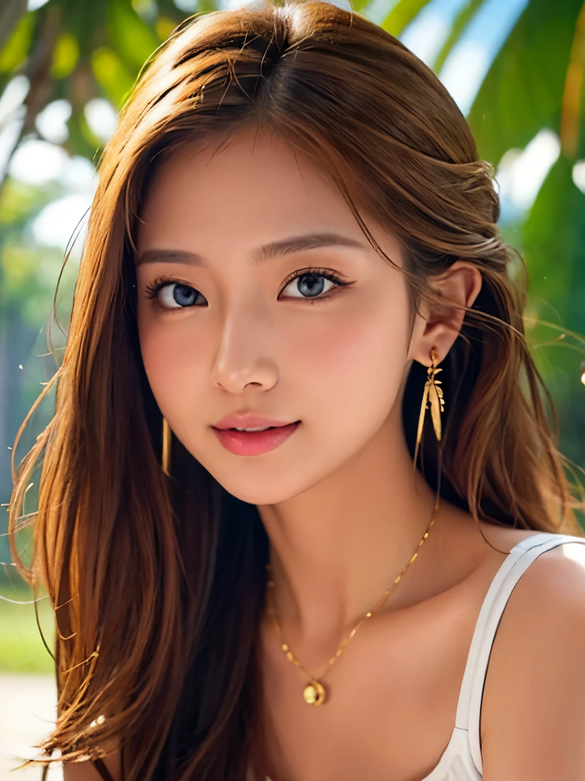 (highest quality:1.1)、(photoreal:1.1)、(picture:1.1)、NSFW,,(very detailed:1.1)、viewer、bangle、Jade Bracelet、Jade Earrings、eyelash、smile toothless、beautiful detailed girl、(very detailed目と顔)、(shine light on the face)、jade necklace、summer uniform、(Report:1.5)、(coastal、Palm tree)、(Skin glowing in the light of the setting sun)、See-through、light brown eyes、(((Hair fluttering in strong winds)))、((Anatomically perfectly balanced style))、cute pose、sexy pose、body like big blue eyes、reddish brown hair