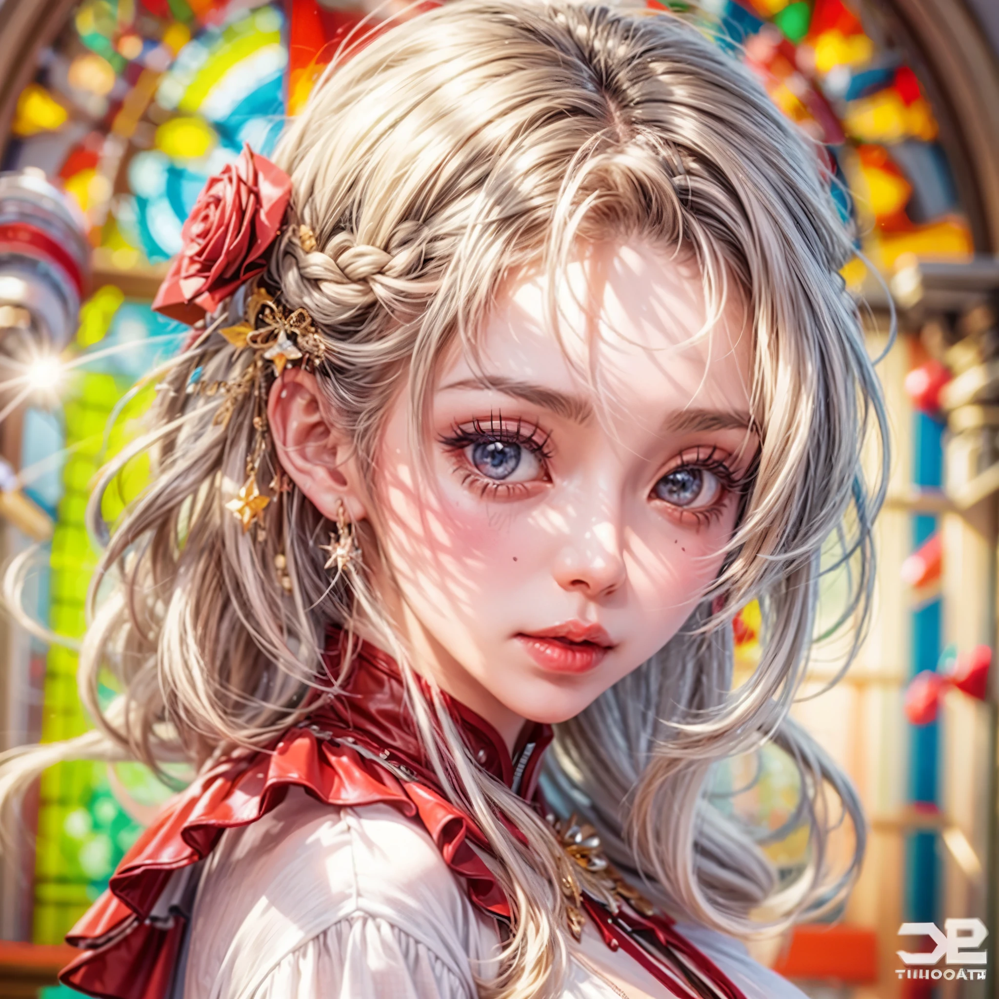 Sexy girl in ((WHITE)) and Delicate lace underwear, with Glossy RED lips, (Exposed:1.2), (nipple:-0.9), { closeup of Cute lips | Dynamic-angle }, ((Dazzling stained glass Background)), (( colorful Light shines through stunning elaborate stained glass:1.2)), vivid Red colors . ((Acutance:0.8, physically-based rendering)), (masterpiece:1.2), (ultra-detailed:1.35), (realistic, photorealistic, ((photo-realistic:1.37))with touch of rawness) . ((Renbutsu Misako)), (Extremely detailed KAWAII face variations, with Dynamic expressions), detailed eyes with sparkling highlights, captivating gaze, long eyelashes, subtle blush on the face, rosy cheeks, impeccable oiled ivory skin texture . { full of flowers covering girl's body | Mystic sight | haze | Light Particle | Lens Particle | Lens Flare | Dazzling angle's Halo | (Red leather) high collar | Overflowing sideboob } . ((( not Detailed fingers:-0.9))) .