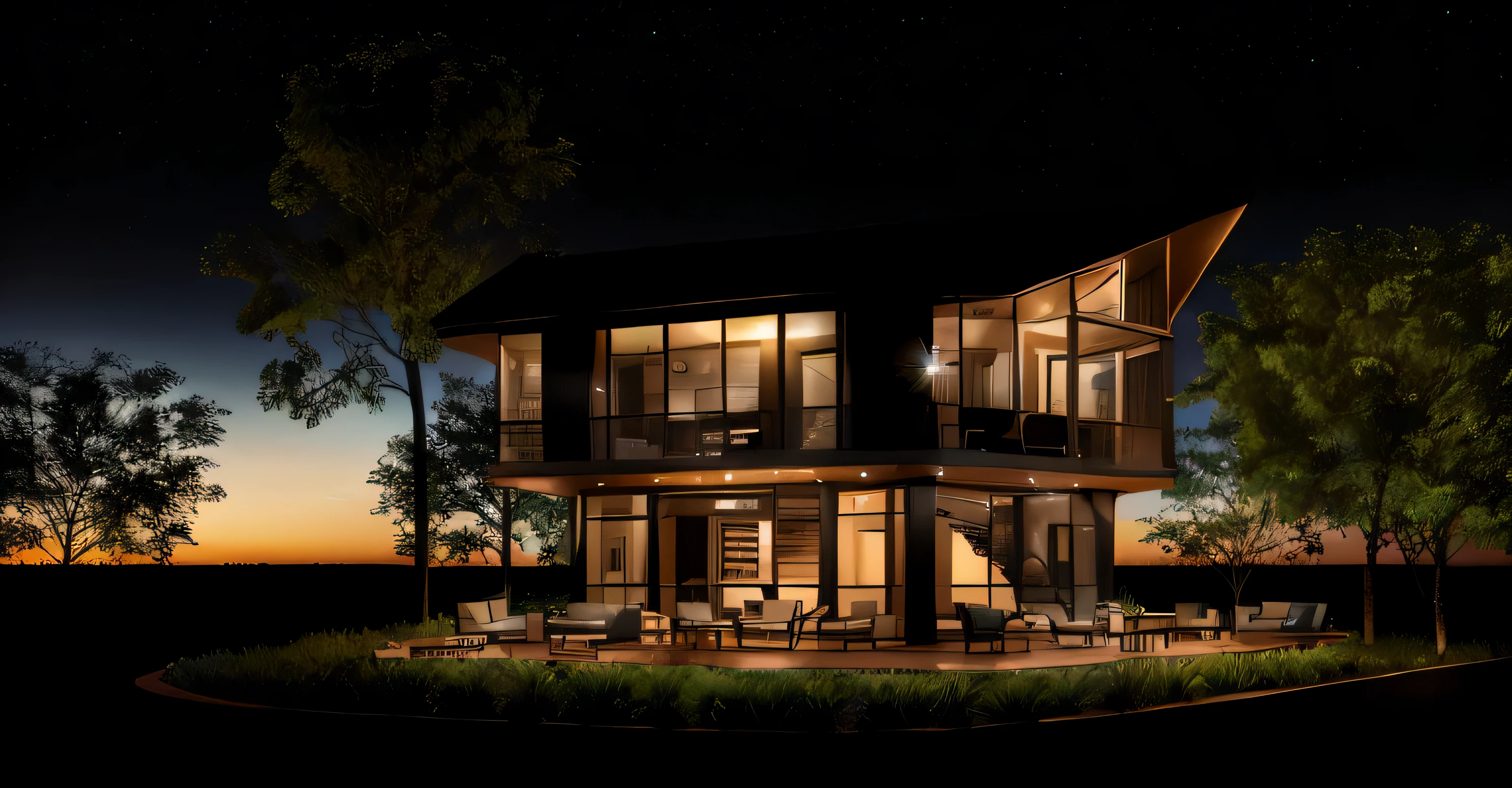 nighttime view of a house with a patio and a deck, night time render, exterior shot, lumion render, lumion rendering, architectural rendering, architectural render, architectural visualization, digital rendering, concept house, cg rendering, architectural 3 d render, rendered in lumion pro, a photorealistic rendering, high quality rendering, rendered in lumion, dramatic rendering