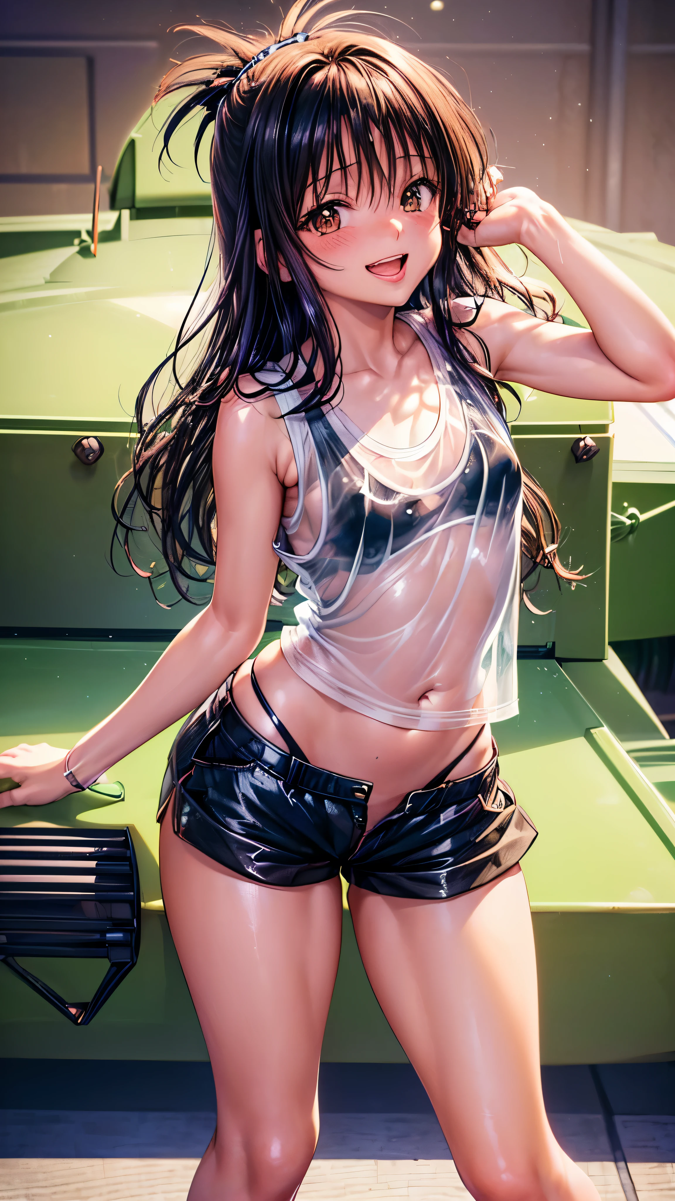 1 female,black hair,((12 years old)),(((blue shiny shorts)))((Sexy black micro bikini))(((blush、open mouth smile)),(((Yukimikan))),(((portrait))),crowd,(((white see-through tank top)))(baby girl body shape)(((small breasts)))sexy pose