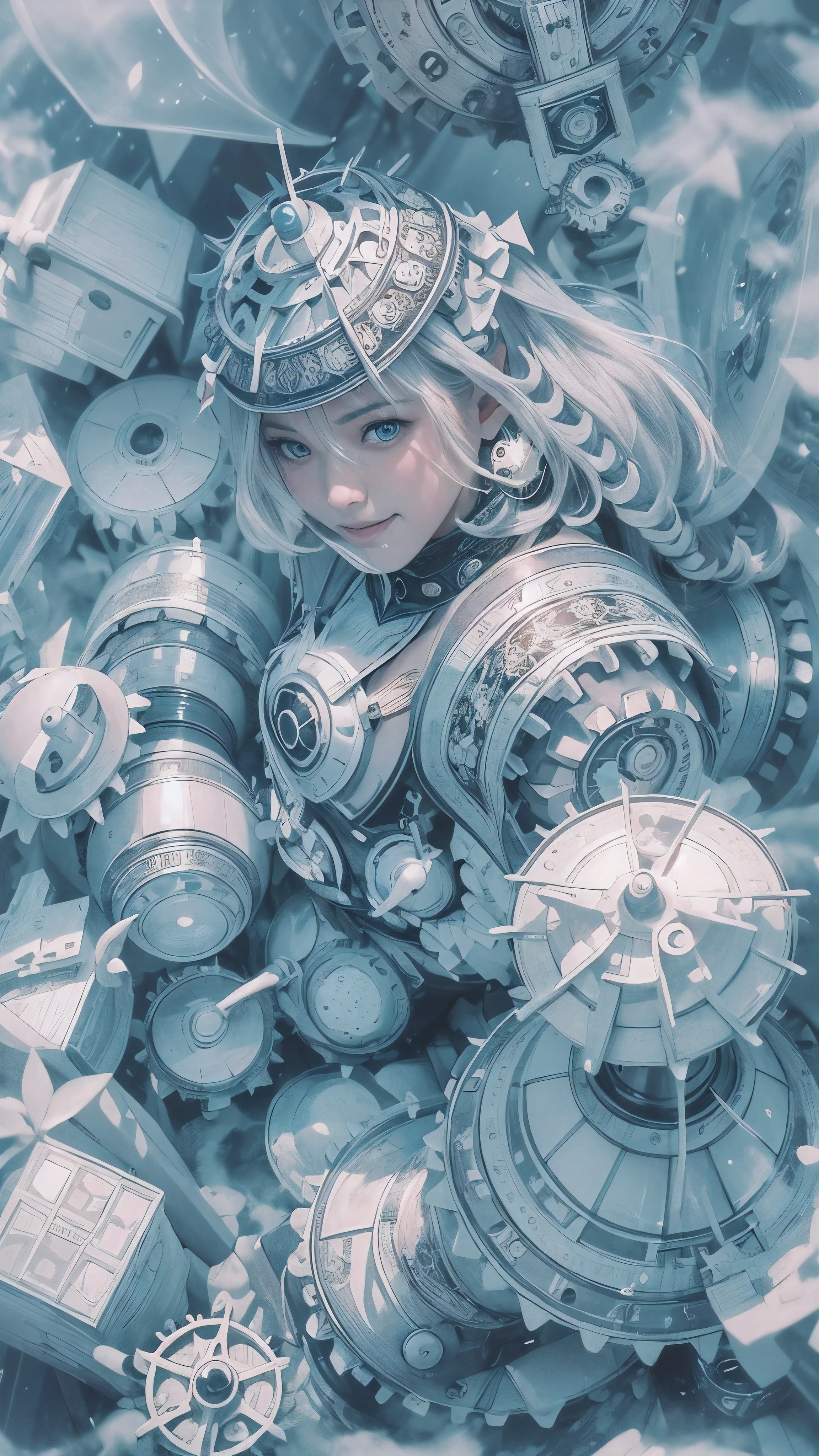 (Realistic:1.8), (Digital art:0.2), (Gear art:1.7),(agpi official art, beautiful and aesthetic, ultra detailed, beautiful, masterpiece, best quality:1.6), (1girl:1.2), Detailed face, Detailed eyes, Detailed hair, young fingers, Detailed fingers, five fingers BREAK cute ig model, Japanese cute model, 22 years old, Tightened all body, small head, small face, small mouth, diamond Face, small nose, Sharp Faceline, (dropy eyes, Double eyelid, Blue eyes, Glossy eyes, Shiny eyes:1.2), Shiny skin, shiny hair, (gray hair:1.2),
_
BREAK (happy, smile, Teeth, Glossy Lip:1.2),beautiful Teeth, (upper body:1.5), sitting, from front,
_
BACKGROUND
(gray urban cityscape with soft lights:1.3), (mist,fog, blurry:1.6), BREAK

POSE
(standing gracefully with arms slightly extended:1.2)BREAK

CAMERA ANGLE
(angled slightly from above, capturing the flowing lines of the poncho:1.2)BREAK

OUTFIT
(fusion of black and white poncho with intricate geometric patterns:1.2), (black skinny jeans:1.1), (ankle boots with subtle pattern details:1.1), (minimalistic silver accessories:1.1)BREAK