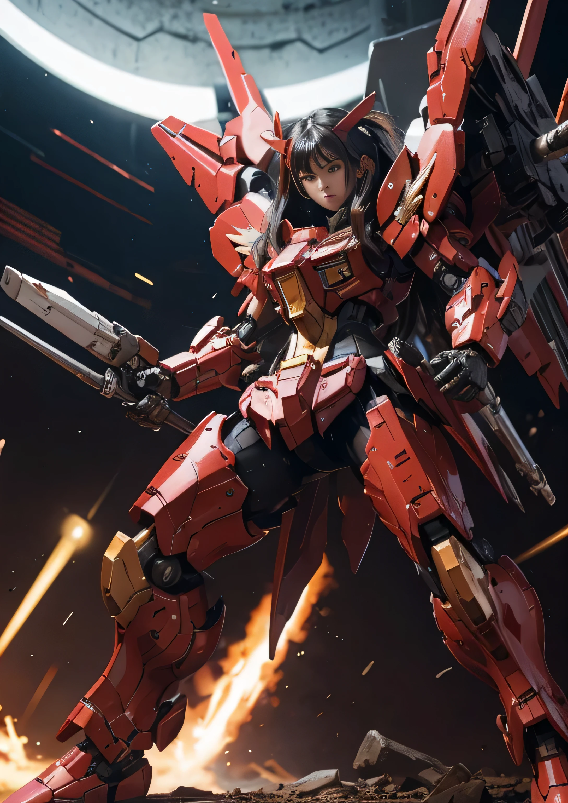 rough skin, Super detailed, advanced details, high quality, 最high quality, High resolution, 1080P, hard disk, beautiful,(red gundam),beautifulサイボーグの女性, beautiful青い目, Mecha cyborg girl,black hair, battle mode,Mecha body girl,She wears a futuristic Gundam mecha,full body shot