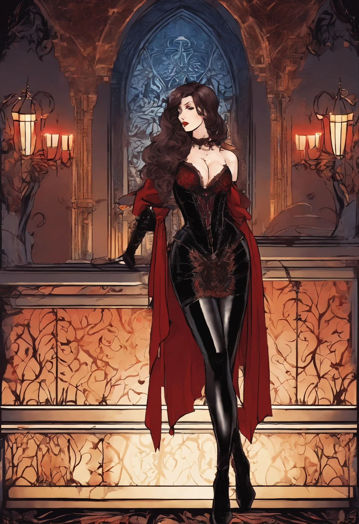 Lenore from Castlevania, red hair, orange eyes, vampire girl, ultra sexy, white fur coat, nylon thigh, glass of wine, red nail, red lipstick, sexy black heels, red toesnail, ultra beautiful girl, masterpiece, heels fetish, very close-up heels shoes