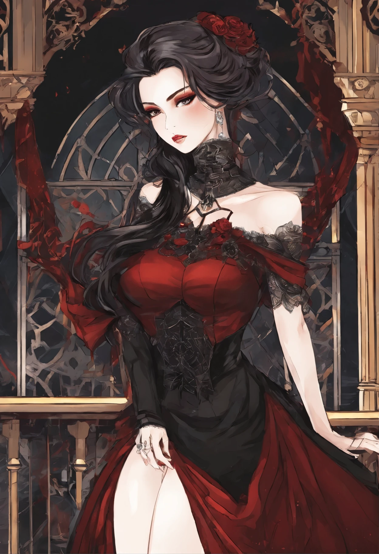 (masterpiece, top quality, best quality, official art, beautiful and aesthetic:1.2), (1girl:1.3), long and curly dark brown hair, ((extravagant updo)), Victorian style, extremely detailed, portrait, looking at viewer, solo, (full body:0.6), detailed background, close up, mischievous eyes, (cold midnight castle theme:1.1), extremely busty vampire, long fangs, blood on chin, huge lips, charlatan, smirk, mysterious, being seductive on a balcony, revealing gothic dress, lace, extremely tight bodice, black attire, red skirts, off shoulder, long sleeves, loose sleeves, black leather, cloak, corset, black dress, fishnets, thigh high black boots, buckles, straps, pouches, glowing blood magic energy, dark red fabric, silver trim, black leather, gigantic breasts, cleavage, skindentation, slim waist, slim hips, long legs, medieval (gothic castle exterior:1.1) background, nighttime, dark mysterious lighting, shadows, magical atmosphere, dutch angle