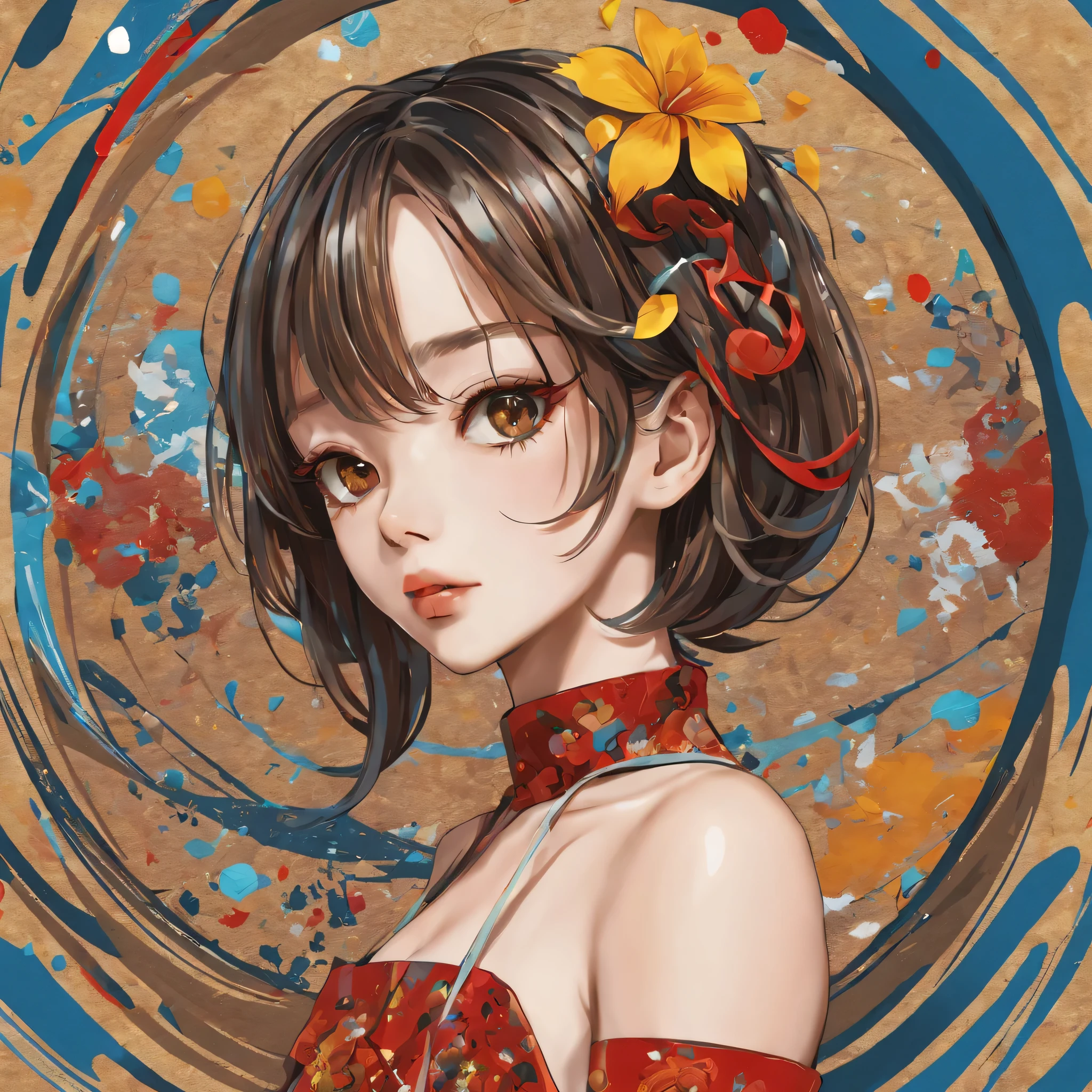 (a sticker,),(3D anime girl),dress, elegance,beautyful face,(In circlerown background), (pollock border)（oil painting style）， ultra - detailed, best quality, Detailed diagram, vectorized, 8K, 专业a sticker设计, Graphic design, vector lines, a sticker, Full-HD