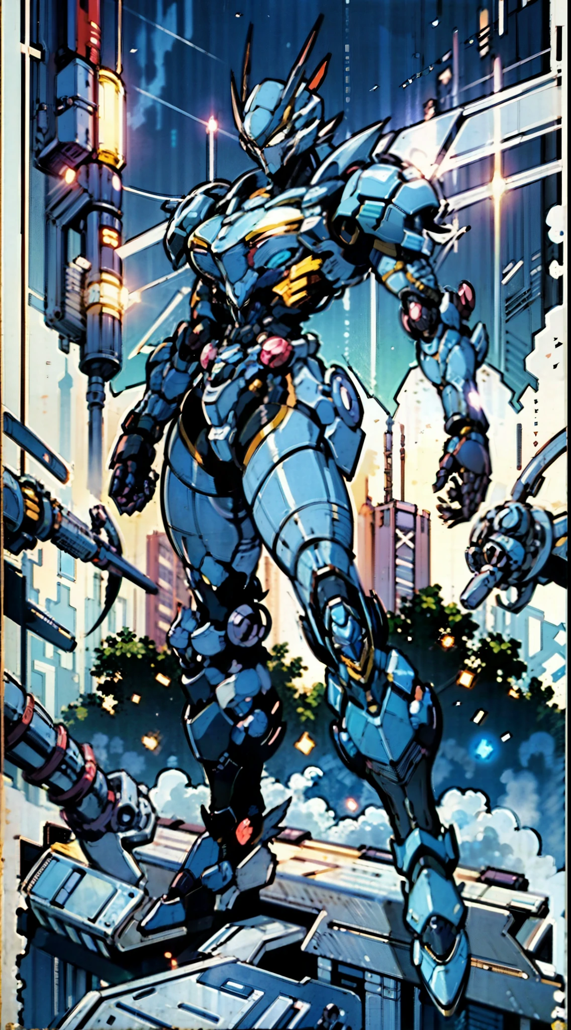 A super a high-tech biotech battle suit, standing on a rooftop, looking over the city, Japanese tokusatsu and American comic style, biometallic texture of the suit, sleek and shiny, dynamic, fast, natural light, cinematic, high quality, high resolution, high detail, sophisticated design, dramatic, high definition, ultra-detailed, ultra-fine painting, extremely delicate, creativity, Natural light, cinematic lighting, best shadow, masterpiece-anatomy-perfect