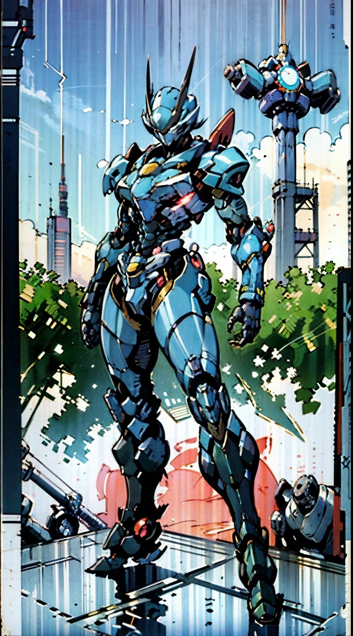 A super a high-tech biotech battle suit, standing on a rooftop, looking over the city, Japanese tokusatsu and American comic style, biometallic texture of the suit, sleek and shiny, dynamic, fast, natural light, cinematic, high quality, high resolution, high detail, sophisticated design, dramatic, high definition, ultra-detailed, ultra-fine painting, extremely delicate, creativity, Natural light, cinematic lighting, best shadow, masterpiece-anatomy-perfect